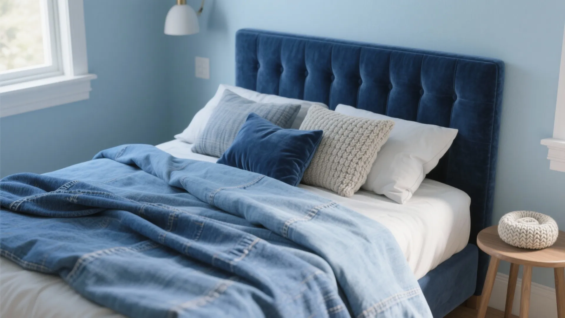 Close view of blue tufted bed headboard with soft pillows and a denim textured blanket
