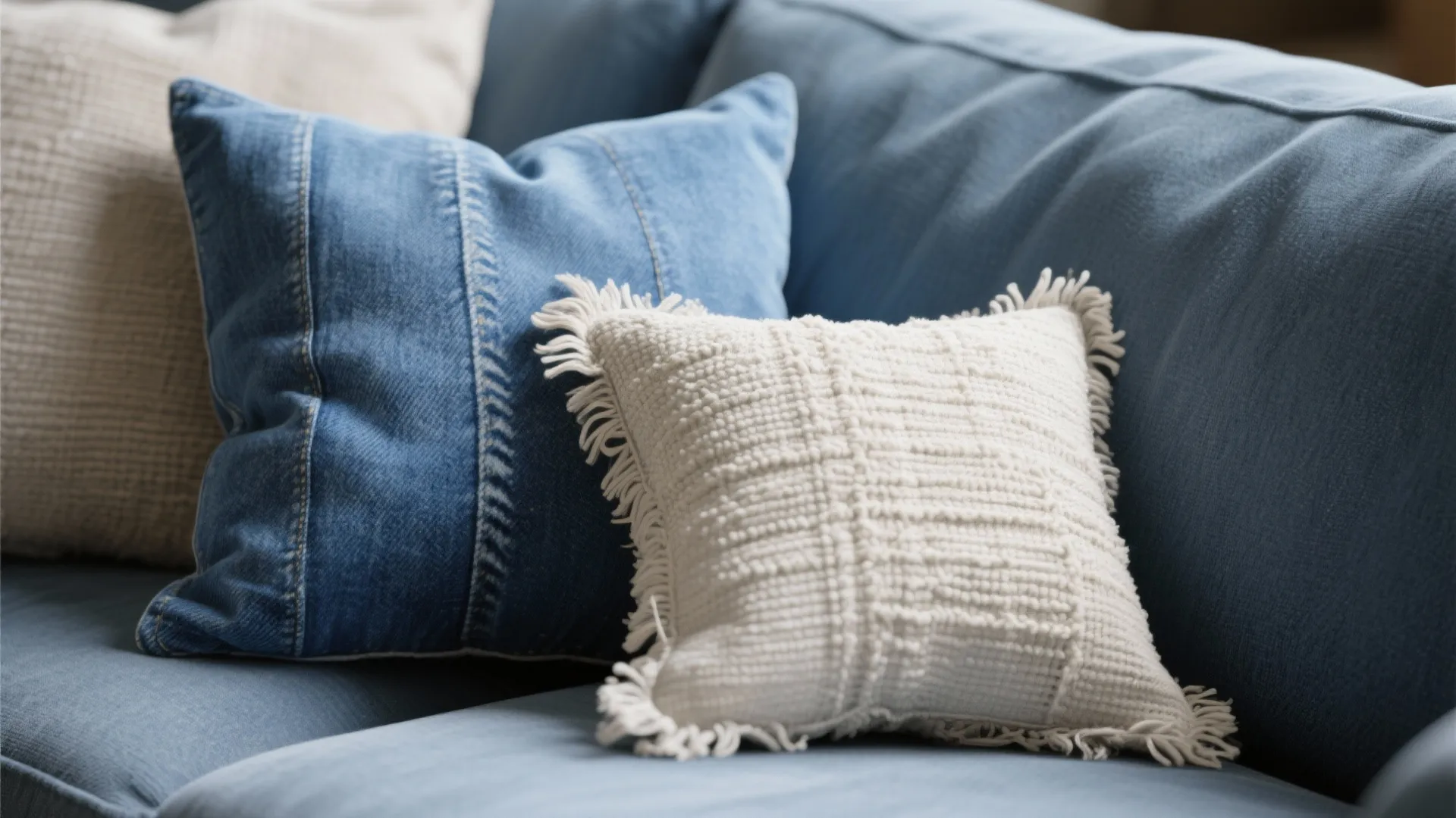 Close up of blue denim and white textured pillows sitting on a soft blue fabric sofa