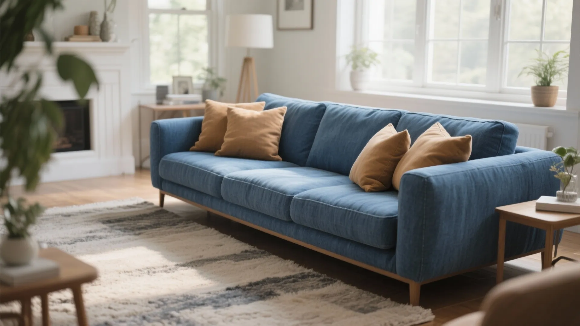 Long blue sofa with brown cushions on patterned rug in bright living room with windows