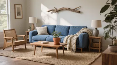 Cozy Blue Sofa Living Room with Natural Wood & Greenery