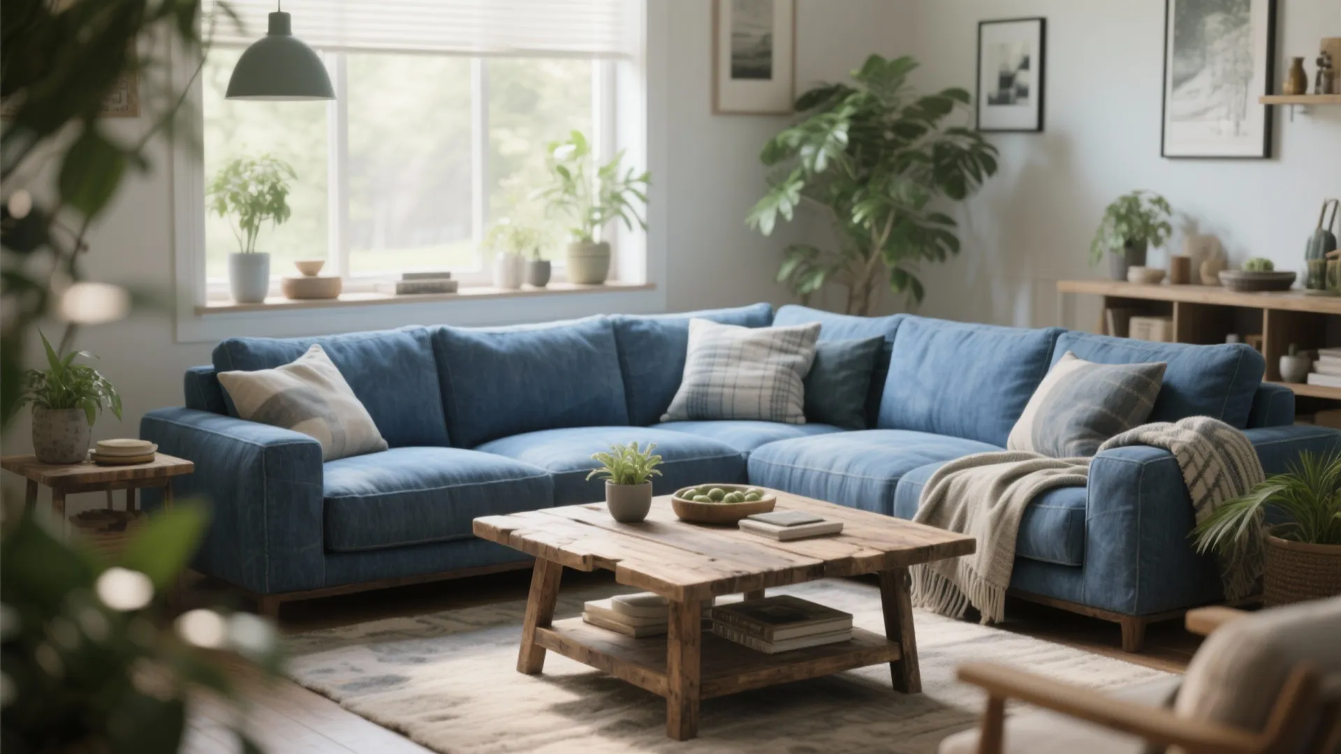 Large blue sofa in a bright living room with rustic wood coffee table and plants