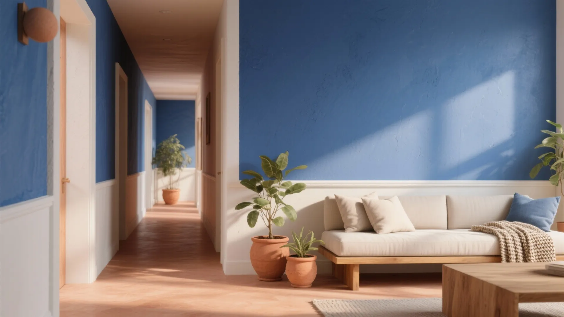 Denim Blue + Terracotta + Off-White (Soft Warm-Modern)