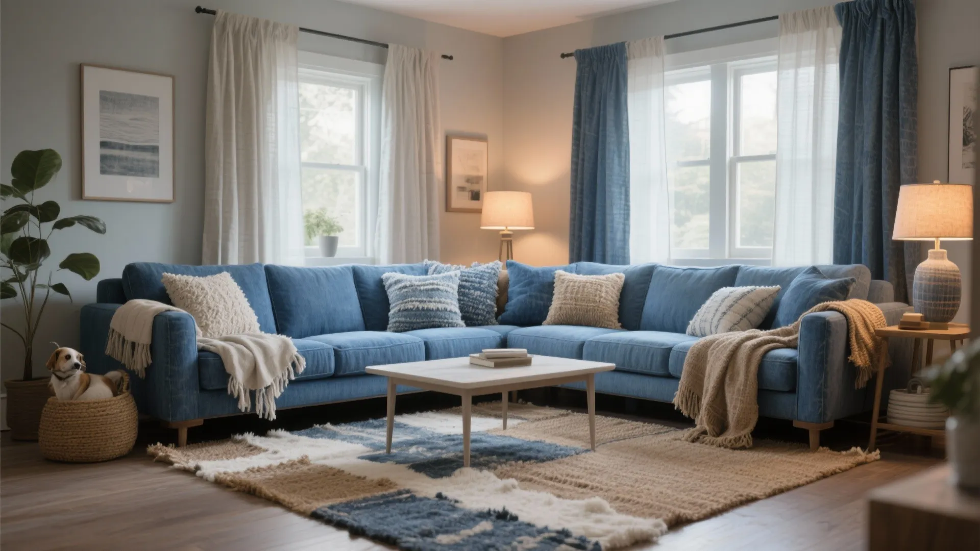 Cozy blue sectional sofa with textured pillows and blankets on a patterned rug near windows