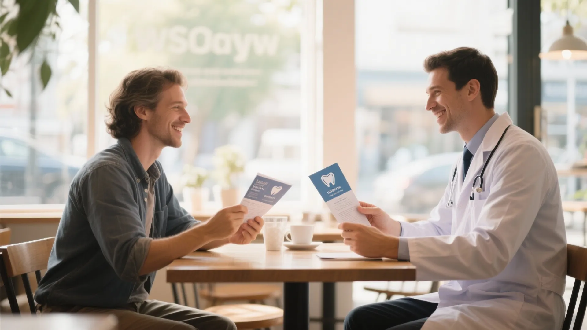 Man and dentist sitting at wooden table in cafe holding brochures talking with one another