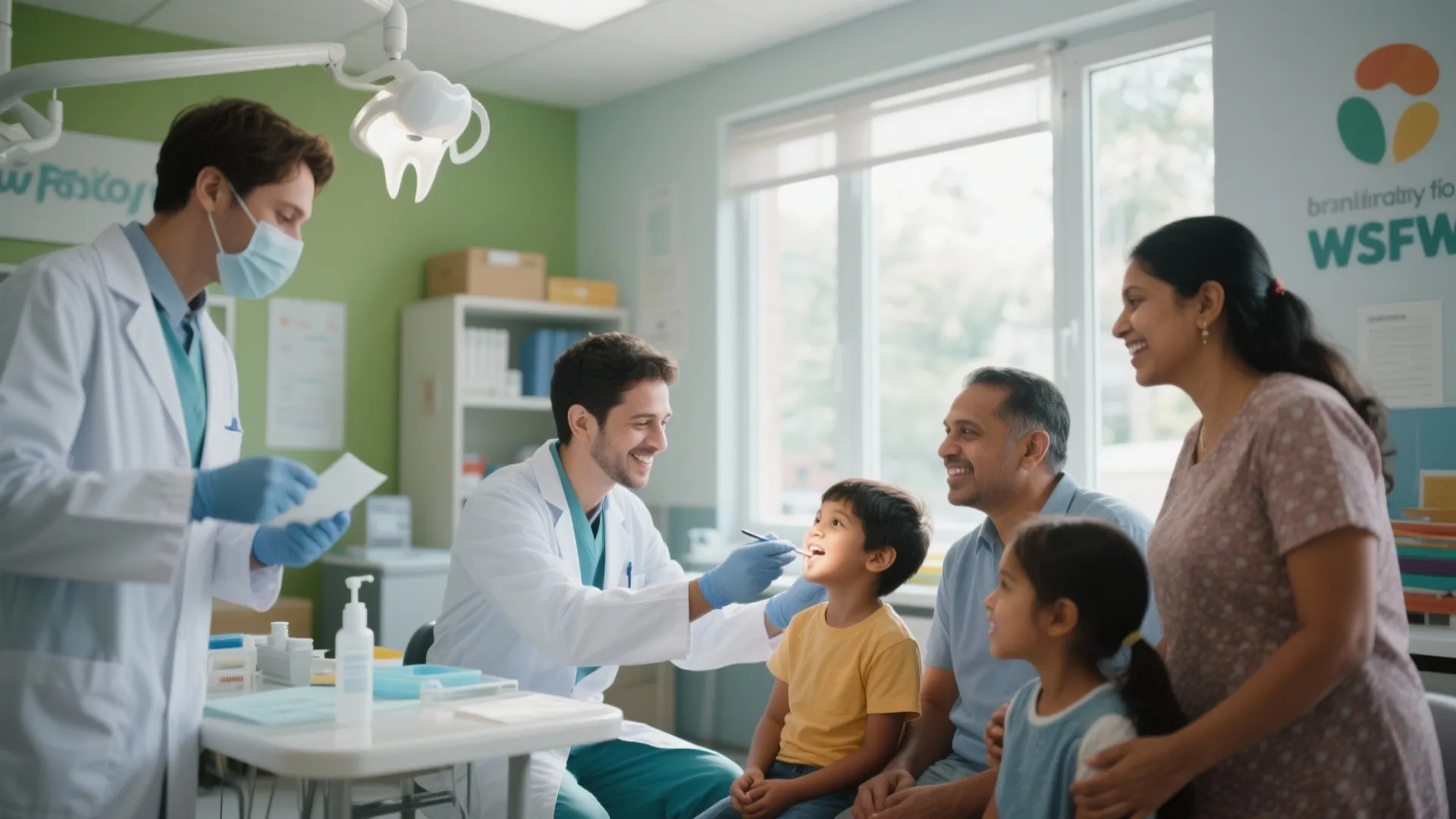 Dentist in white coat examining young boy teeth while parents watch in bright clinic room