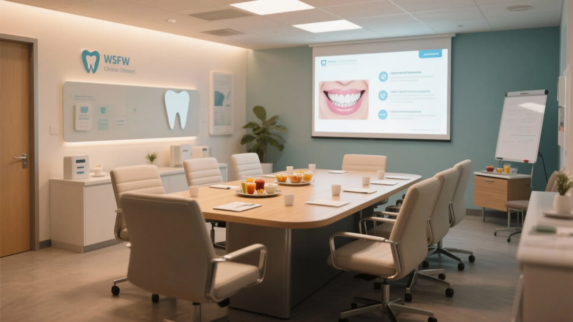 Modern dental meeting room featuring wooden table, white chairs, projector screen, and wall tooth logo