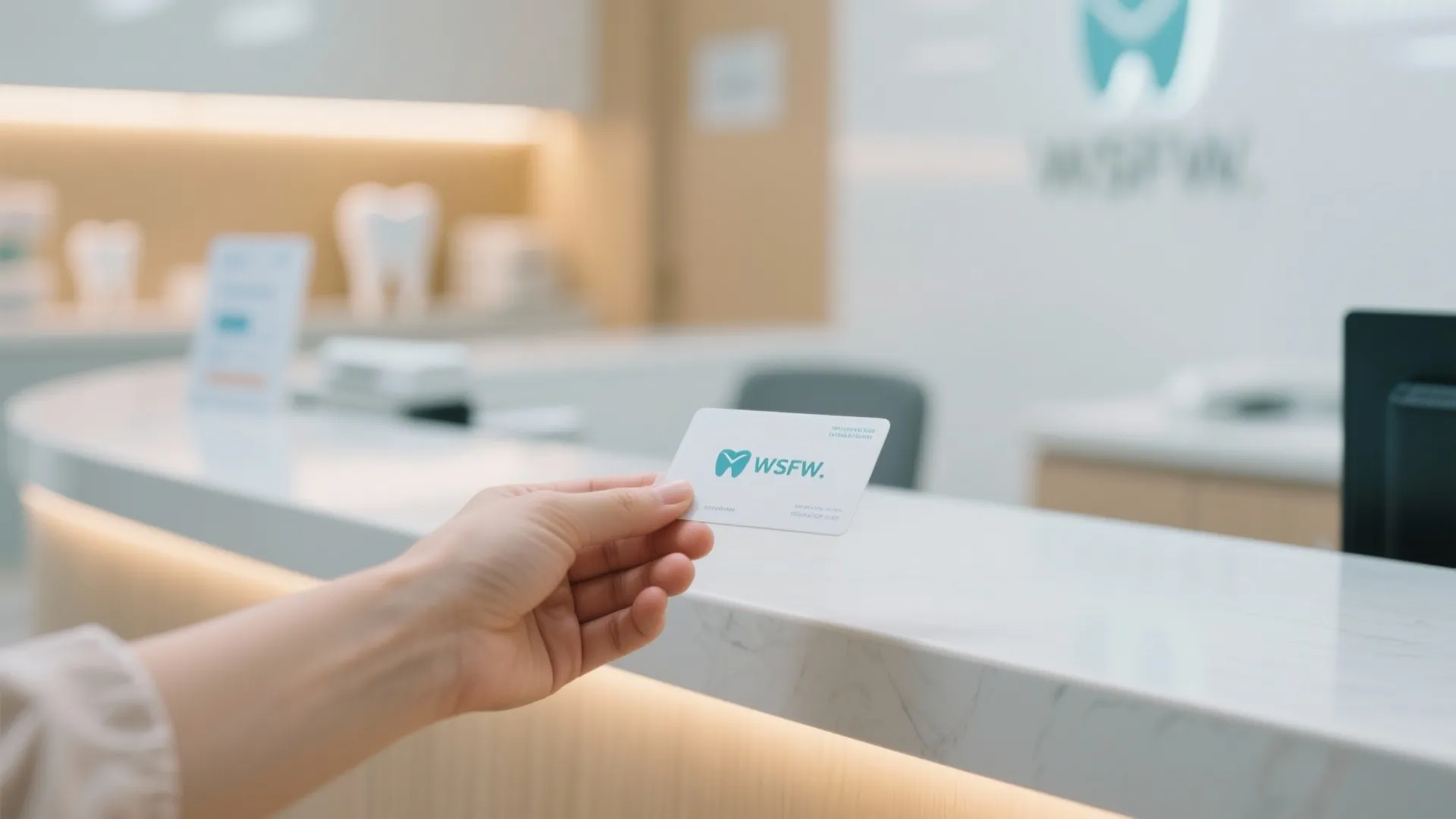 Hand holding white card over clean marble reception desk in modern bright dental clinic lobby