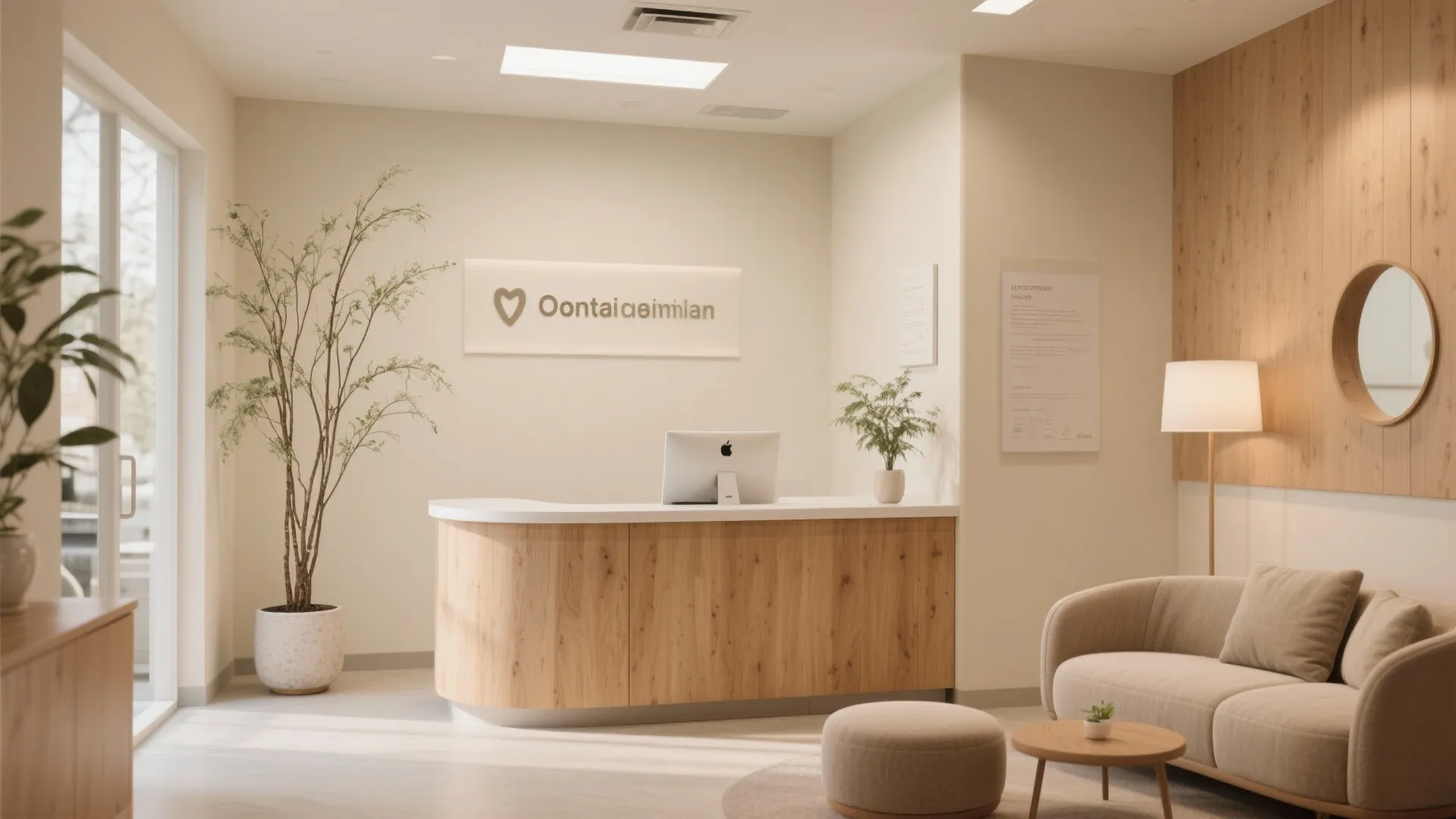Bright dental clinic reception with wooden front desk beige sofa footrest and large green plant