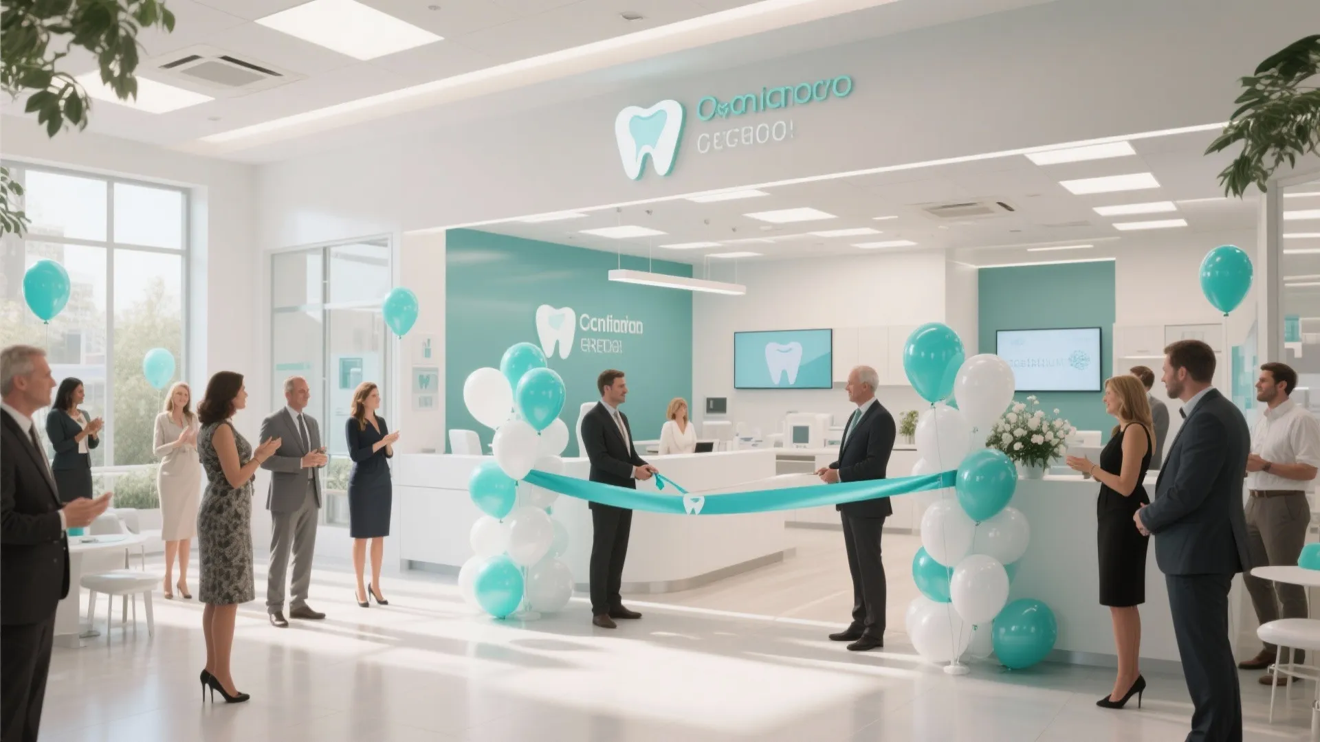 Modern dental clinic grand opening ceremony with ribbon cutting balloons and professional staff in suits