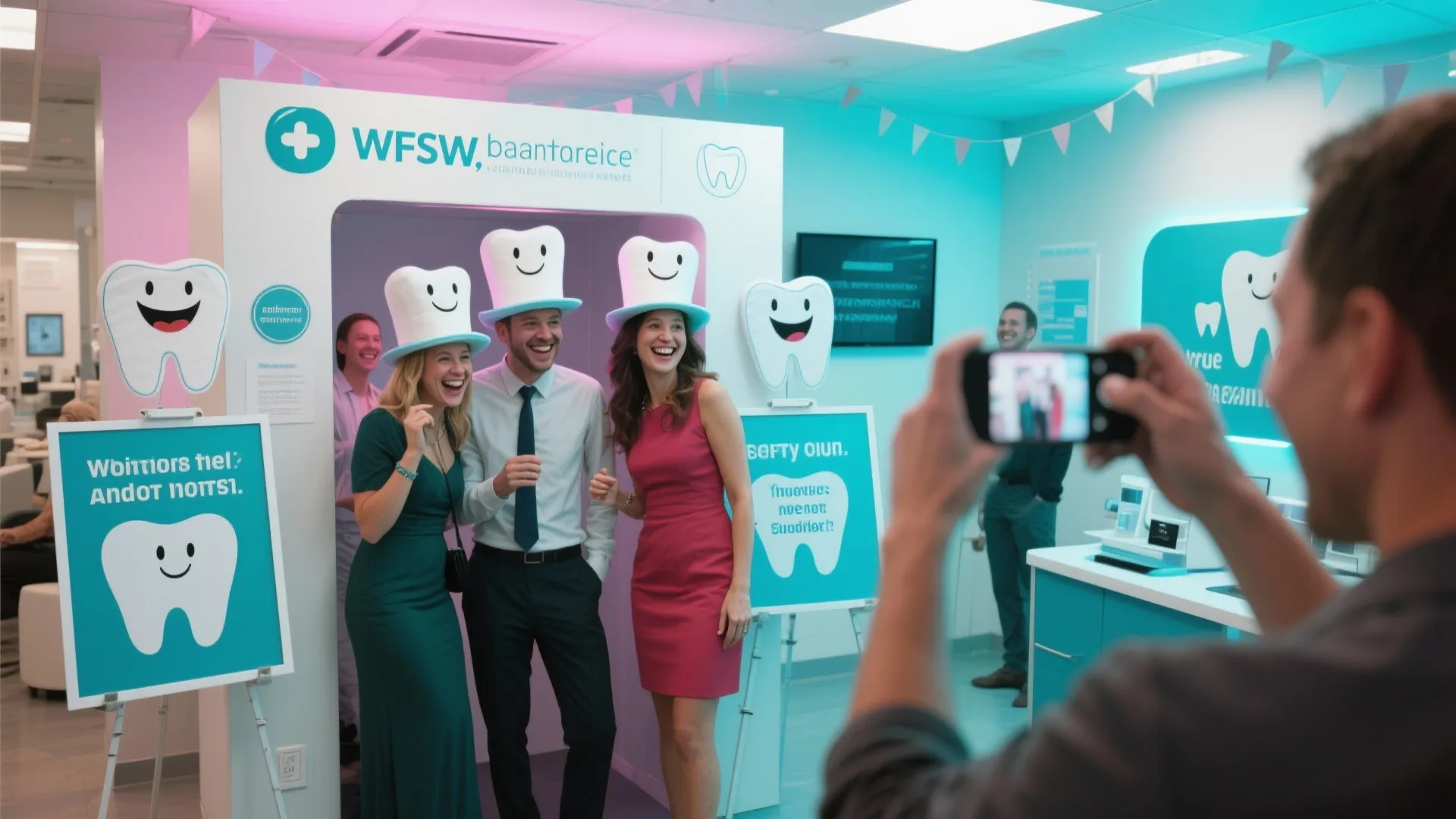 Three people wearing tooth hats posing for a photo at a dental clinic grand opening