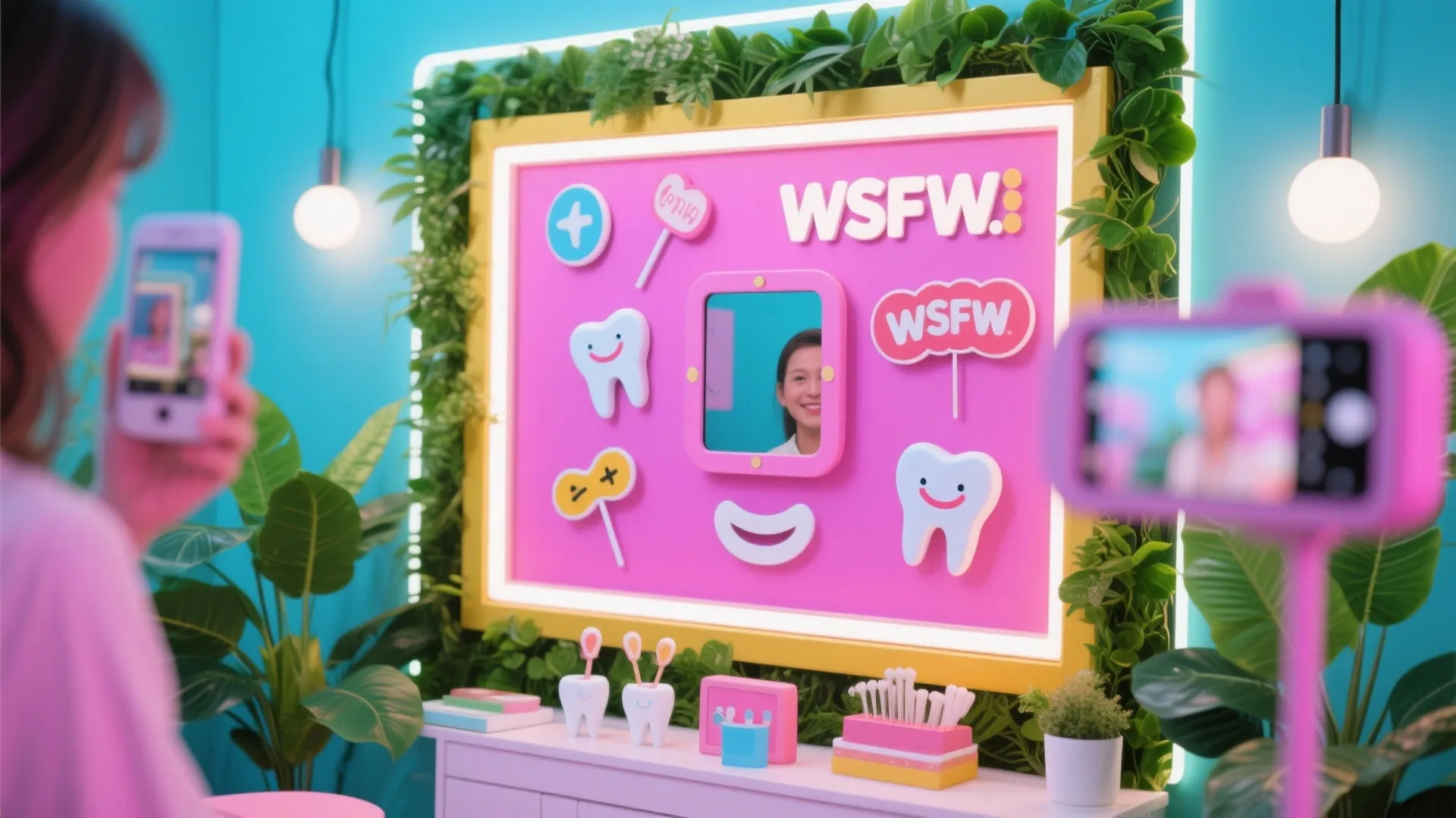 Pink display wall with tooth stickers photographed by person using a mobile phone in room