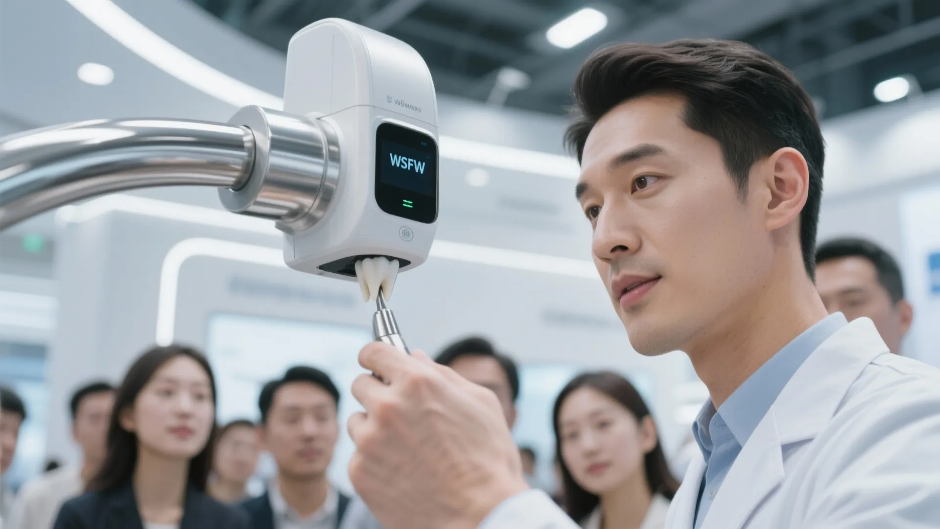 Male dentist in white lab coat demonstrating advanced dental medical equipment to a group audience