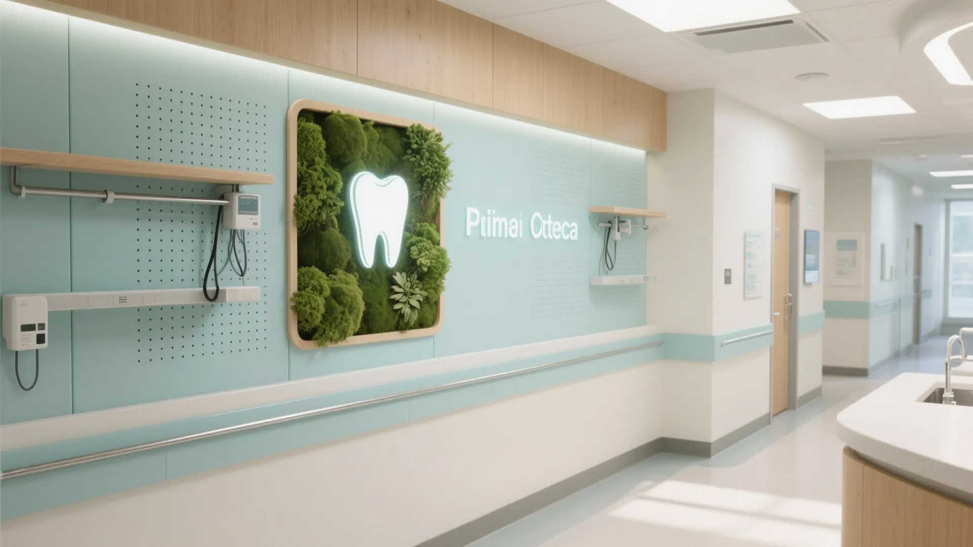 Modern clinic hallway with light blue wall panel and a tooth shaped logo with greenery