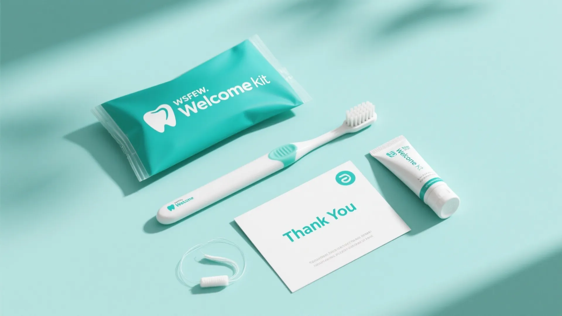 Dental welcome kit containing a white toothbrush toothpaste dental floss thank you card and blue pouch