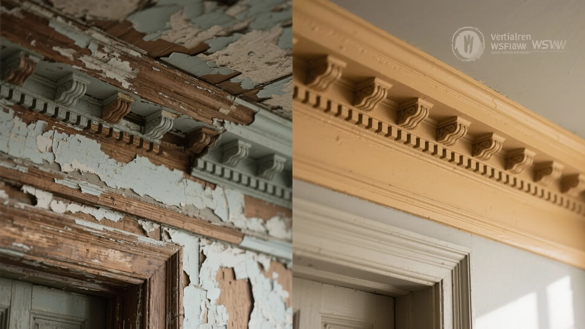 Comparison of old peeling wall panel trim versus newly painted yellow and white wall panel