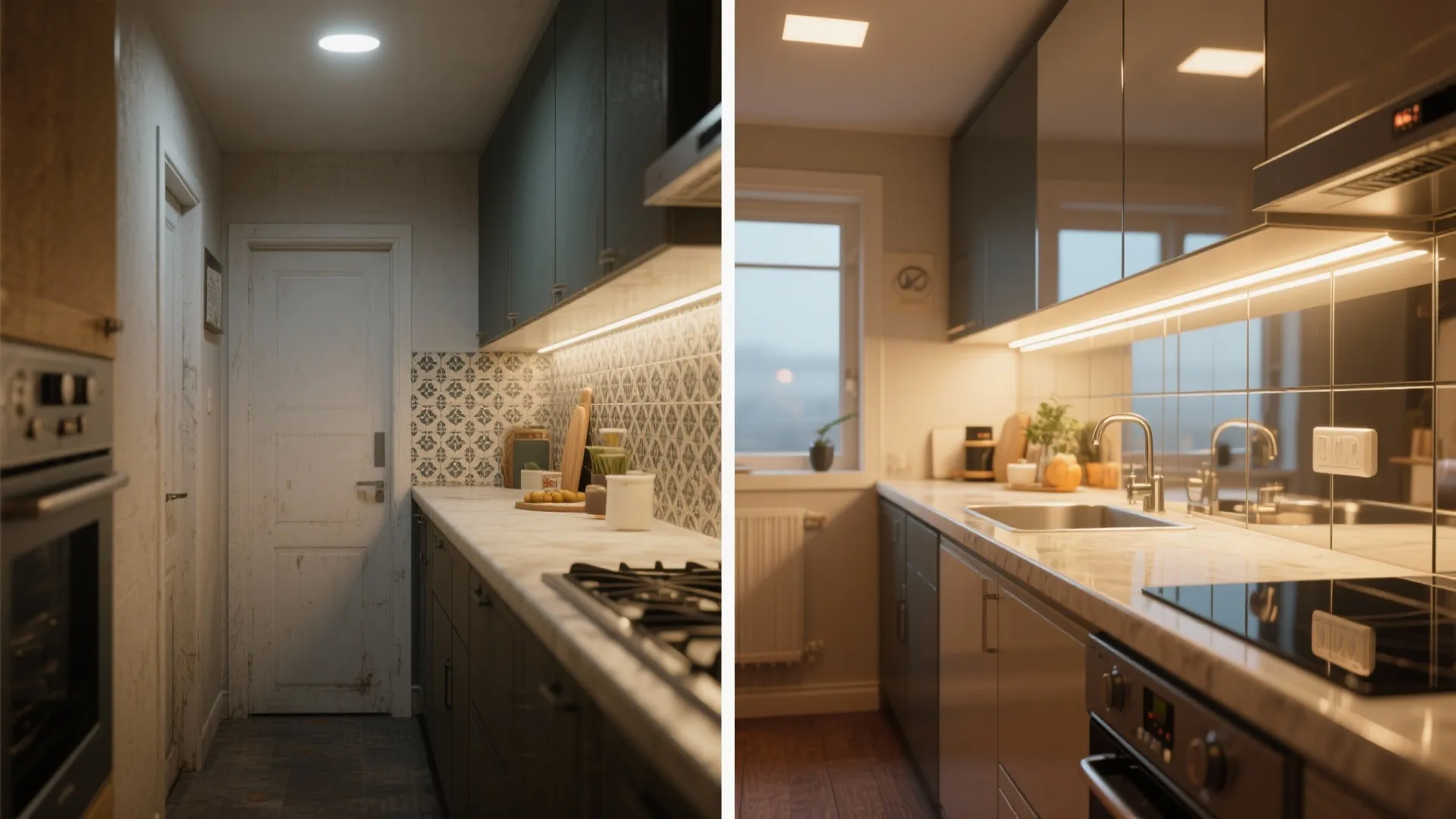 Before and after comparison of narrow kitchen lighting with dim ceiling light versus bright under cabinet light