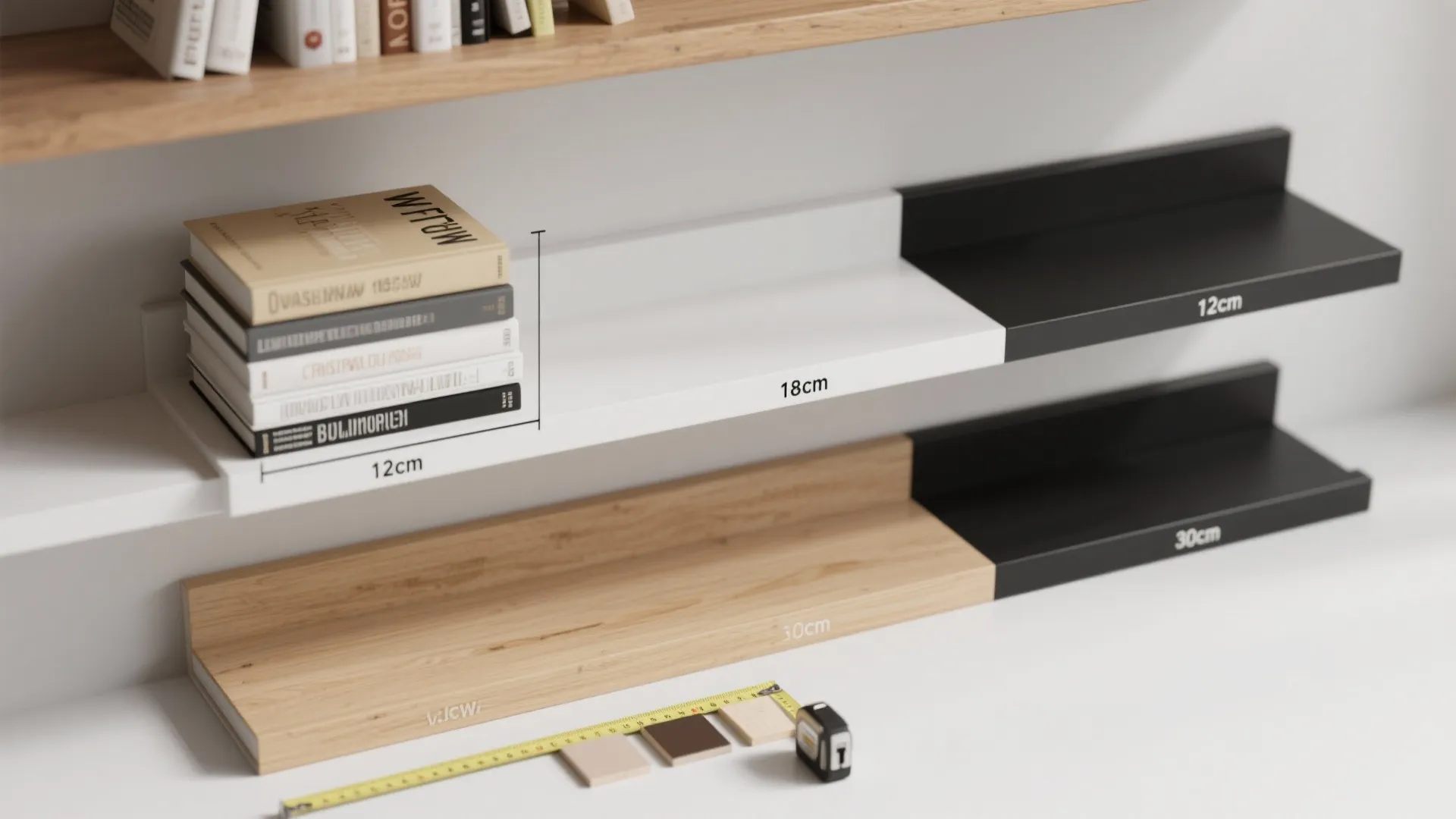 Modern wall shelves in black white and wood showing different size measurements for room storage