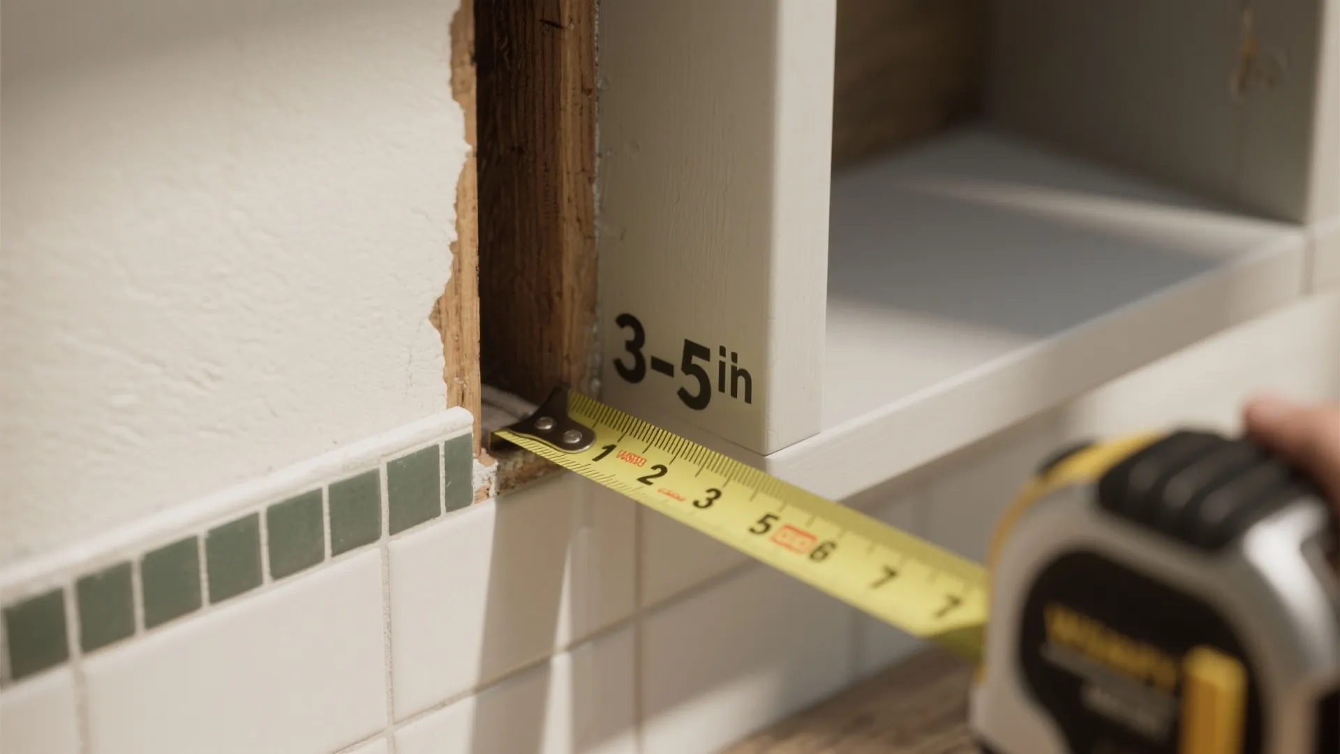 Person using a yellow tape measure to check the wall depth for a new cabinet