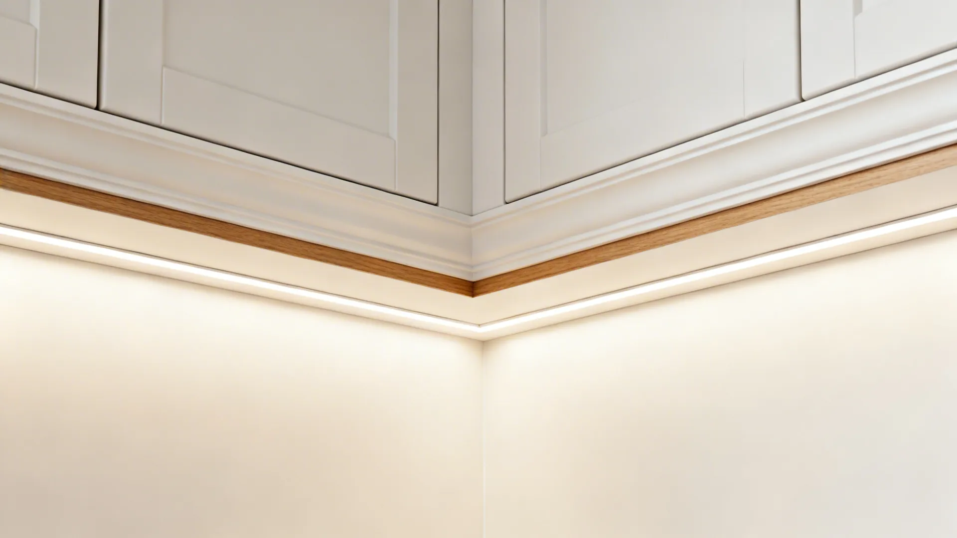 Close-up of mixed-depth upper cabinets with continuous crown and hidden LED lighting.