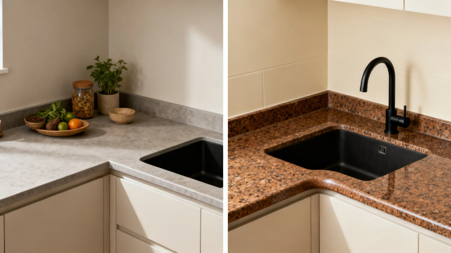 Split view showing standard thin edge versus built-up 60mm edge with curved corner.