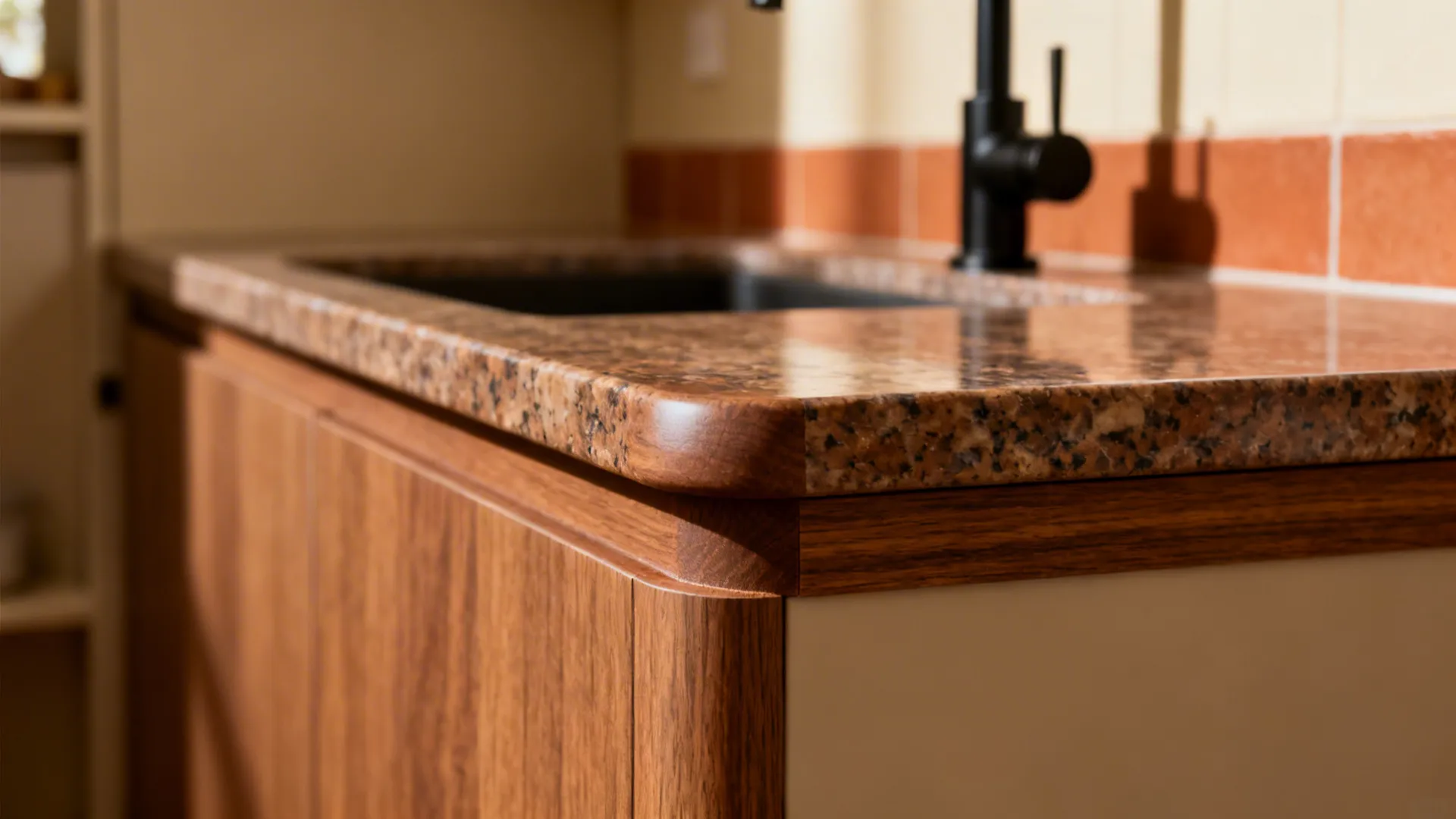 Macro of Desert Brown granite with a 60mm built-up front edge and rounded corner.