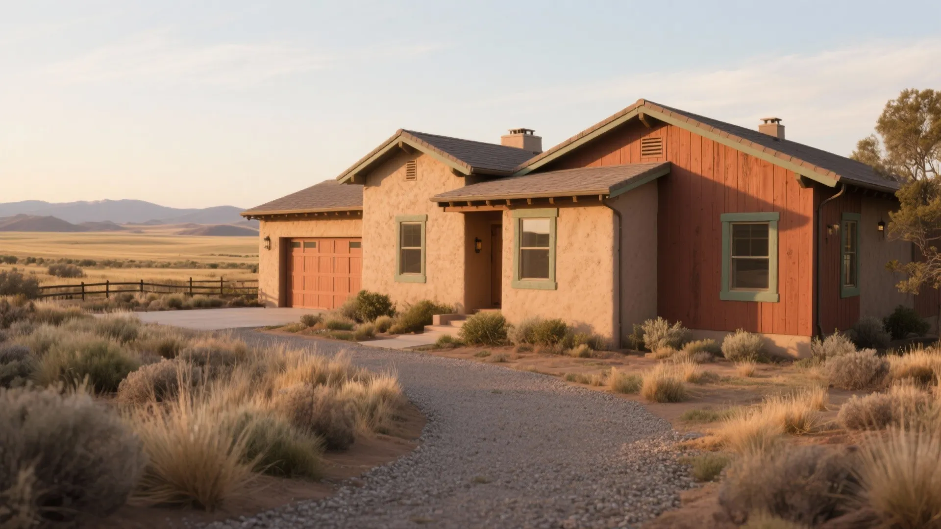 Earth tone ranch style house with gravel driveway and dry desert plants under clear sky