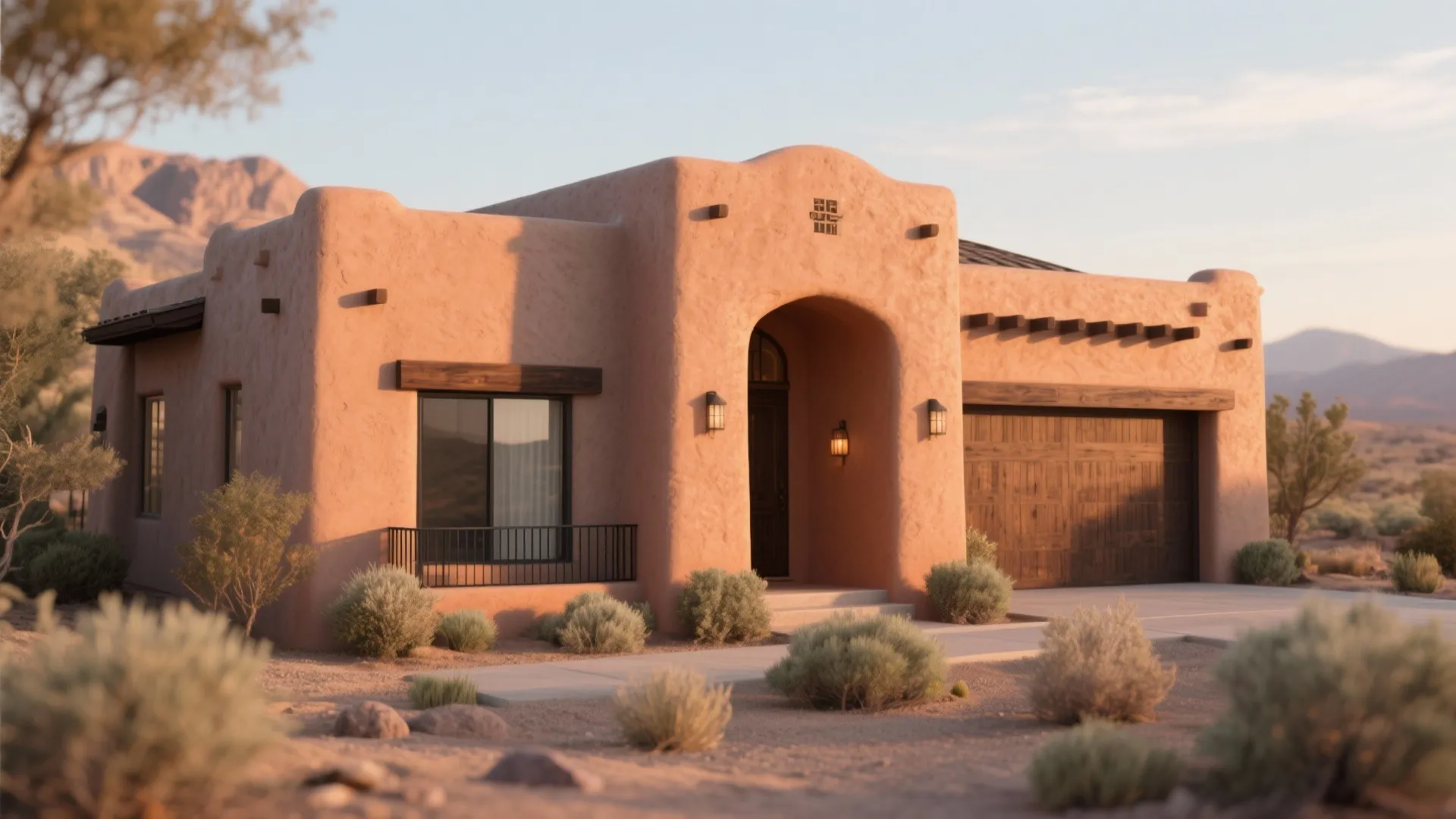 Desert home with adobe walls wooden garage door small bushes mountains in background and warm sunset