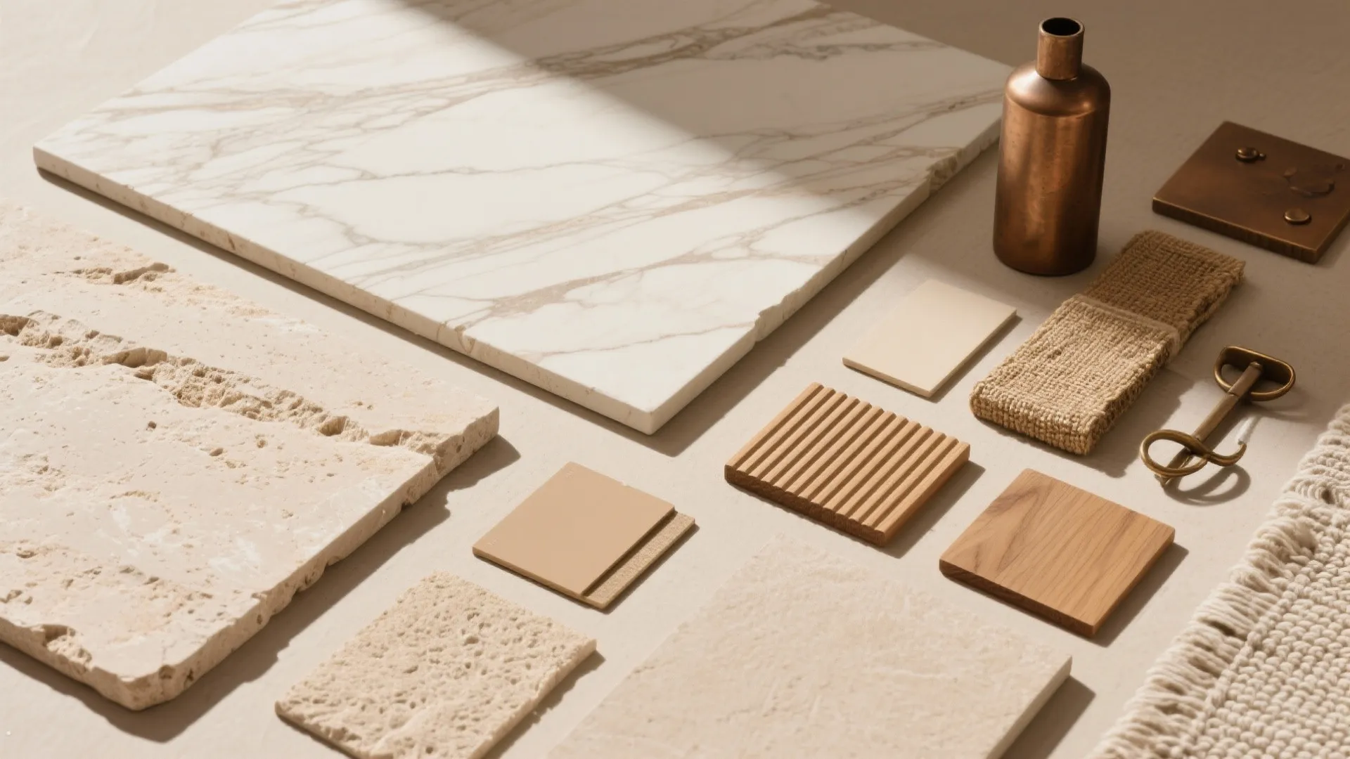 Desert-modern palette with stone-first surfaces