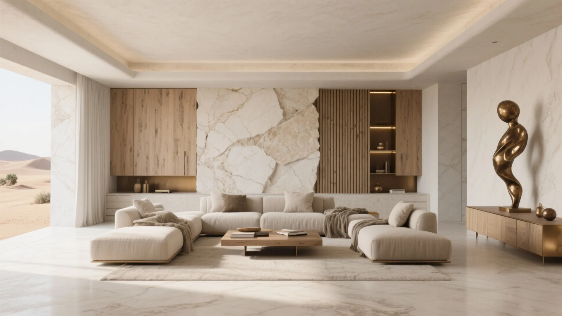 Desert-modern palette with stone-first surfaces