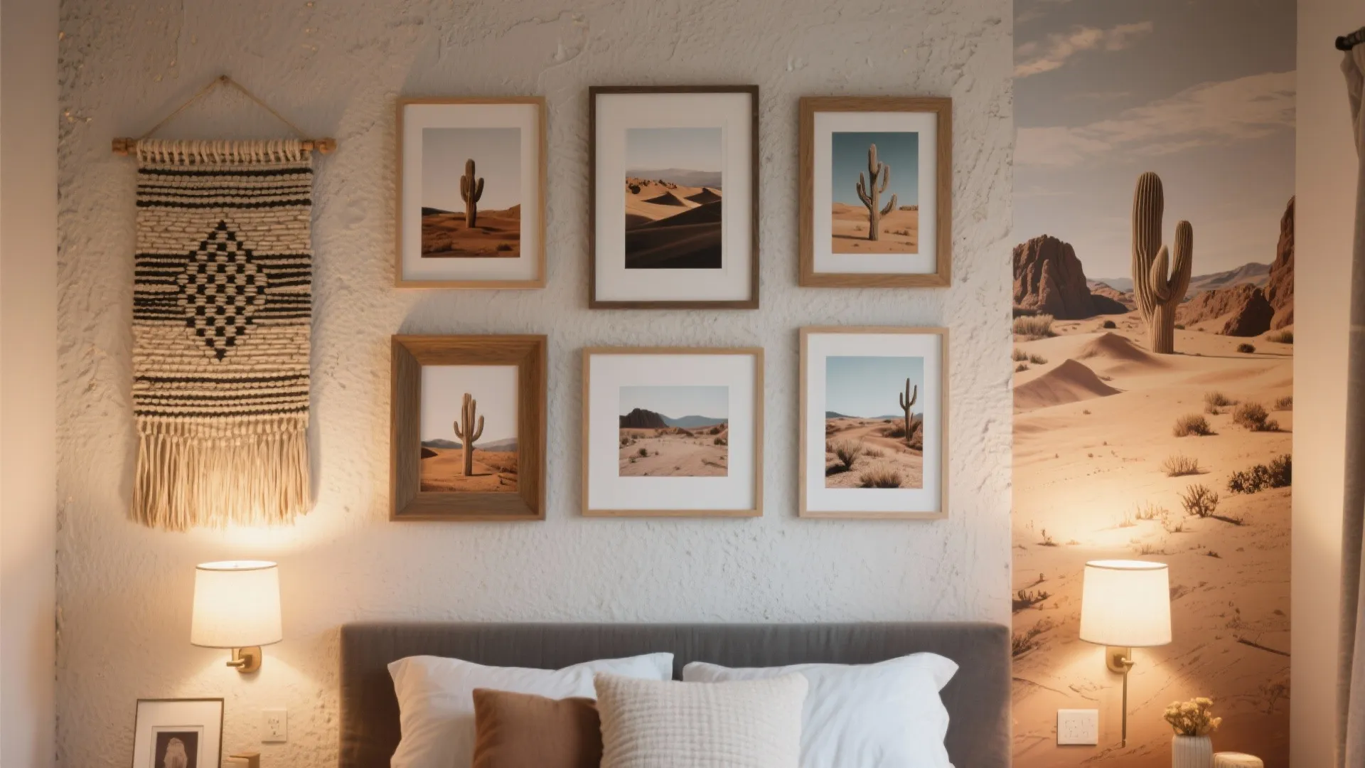 Bedroom wall with desert cactus pictures framed art woven wall hanging two warm table lamps