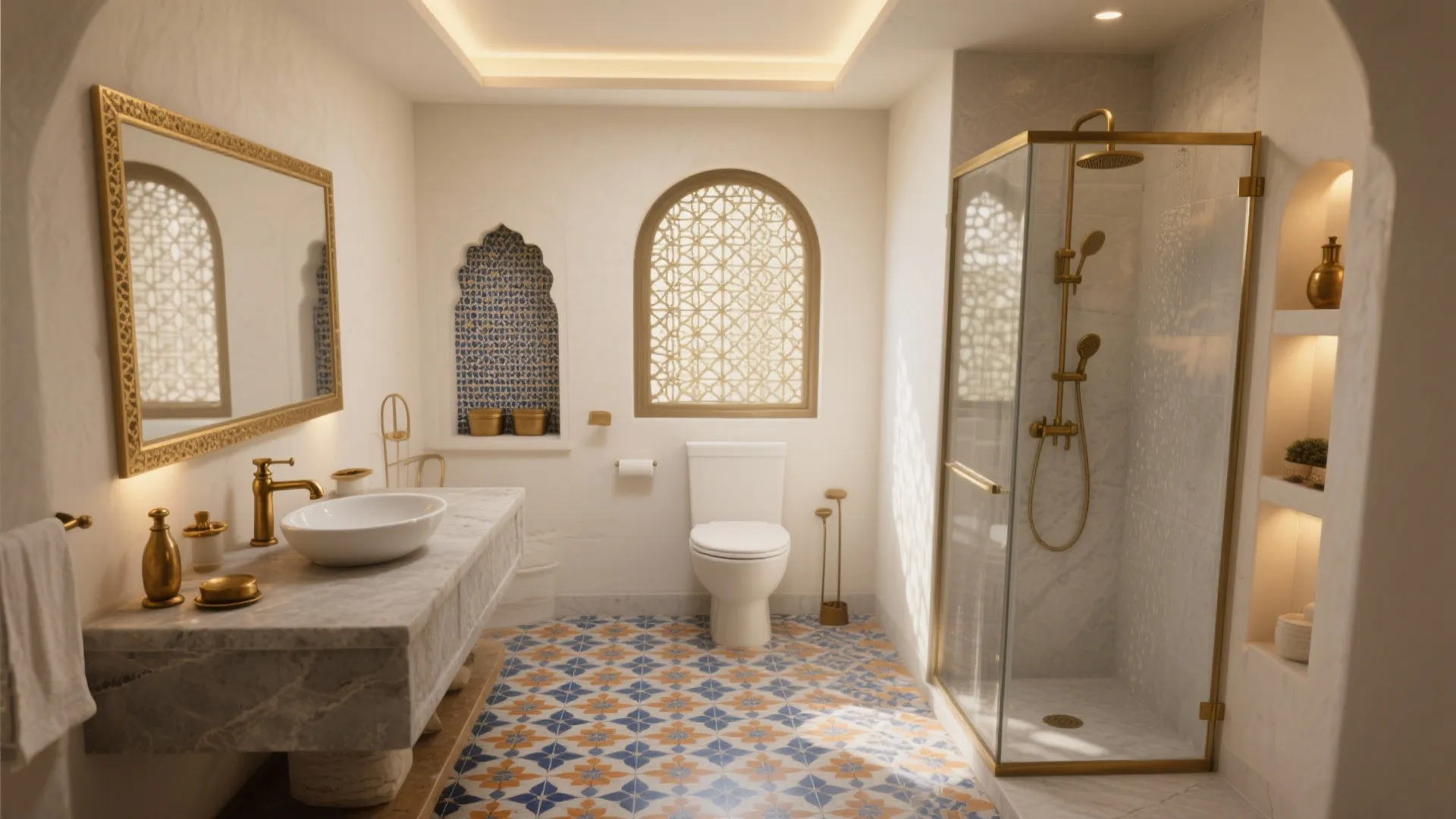 Luxury bathroom with patterned floor tiles gold light fixtures marble cabinet and arched window design