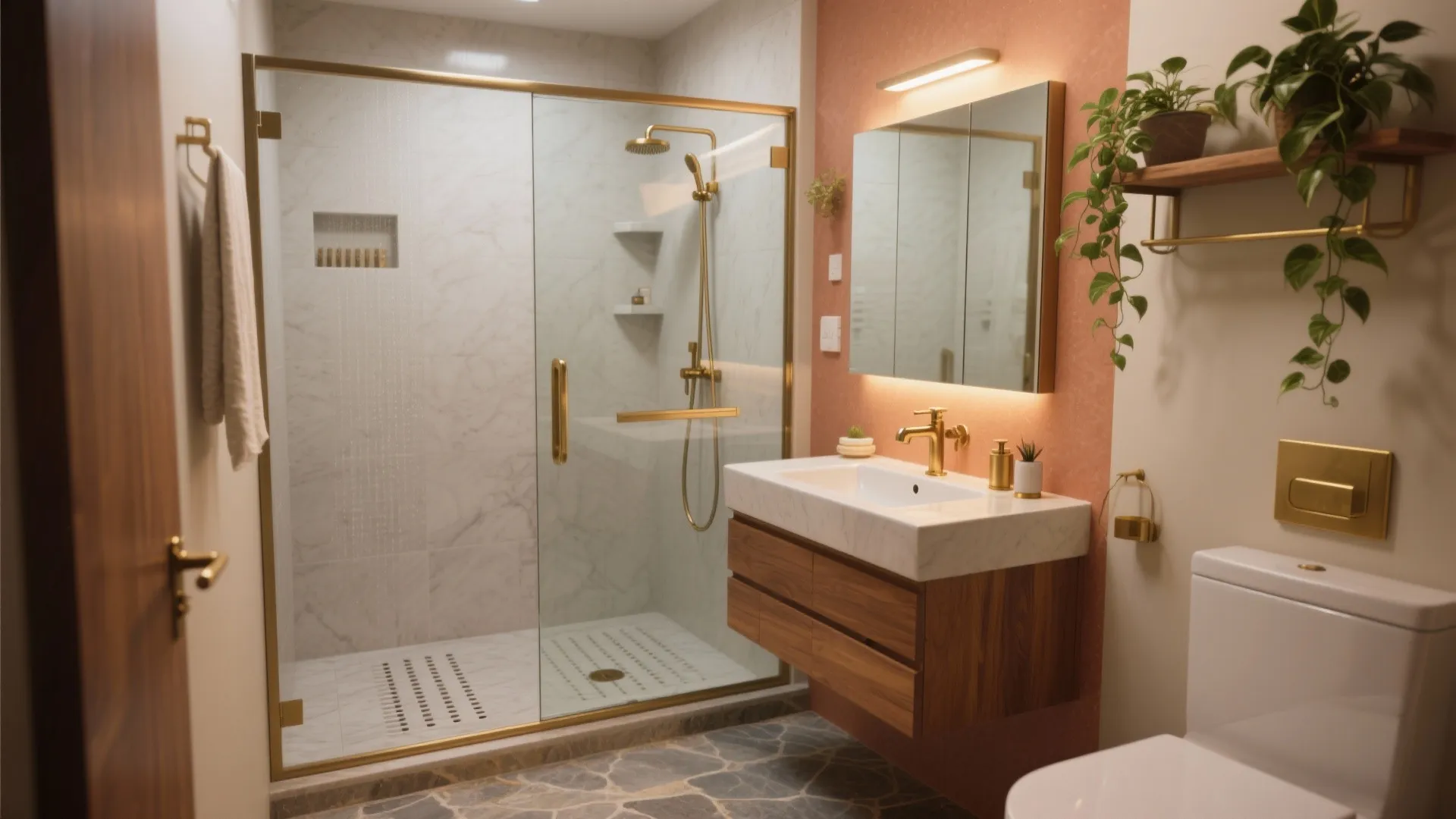 Modern bathroom with glass shower door gold hardware wood cabinet white sink and pink wall panel