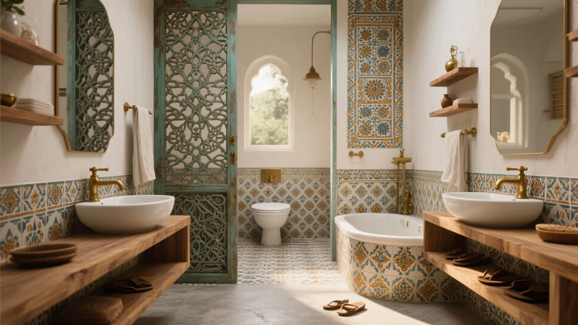 Middle Eastern bathroom with teal carved door patterned tiles white sinks and wooden wall shelves