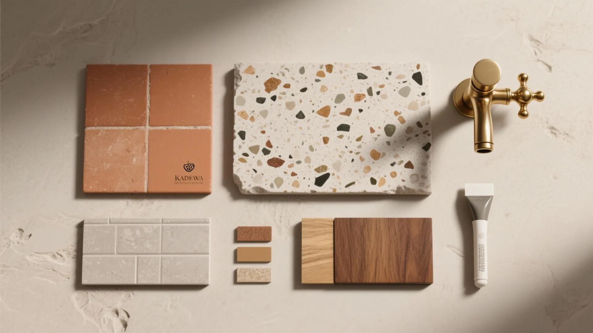 Interior design material board with terracotta tiles stone samples wood blocks and a gold water tap