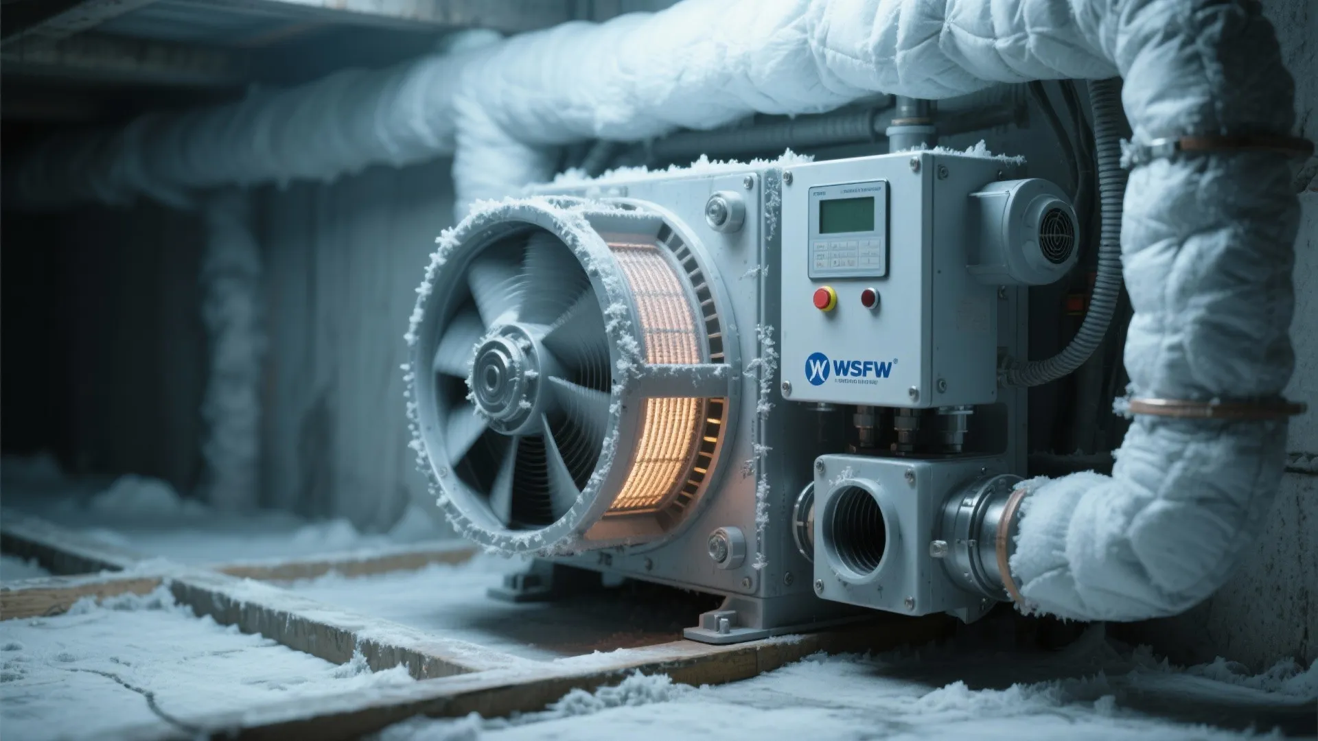 Macro detail of a desiccant dehumidifier rotor and control assembly in a crawl space.