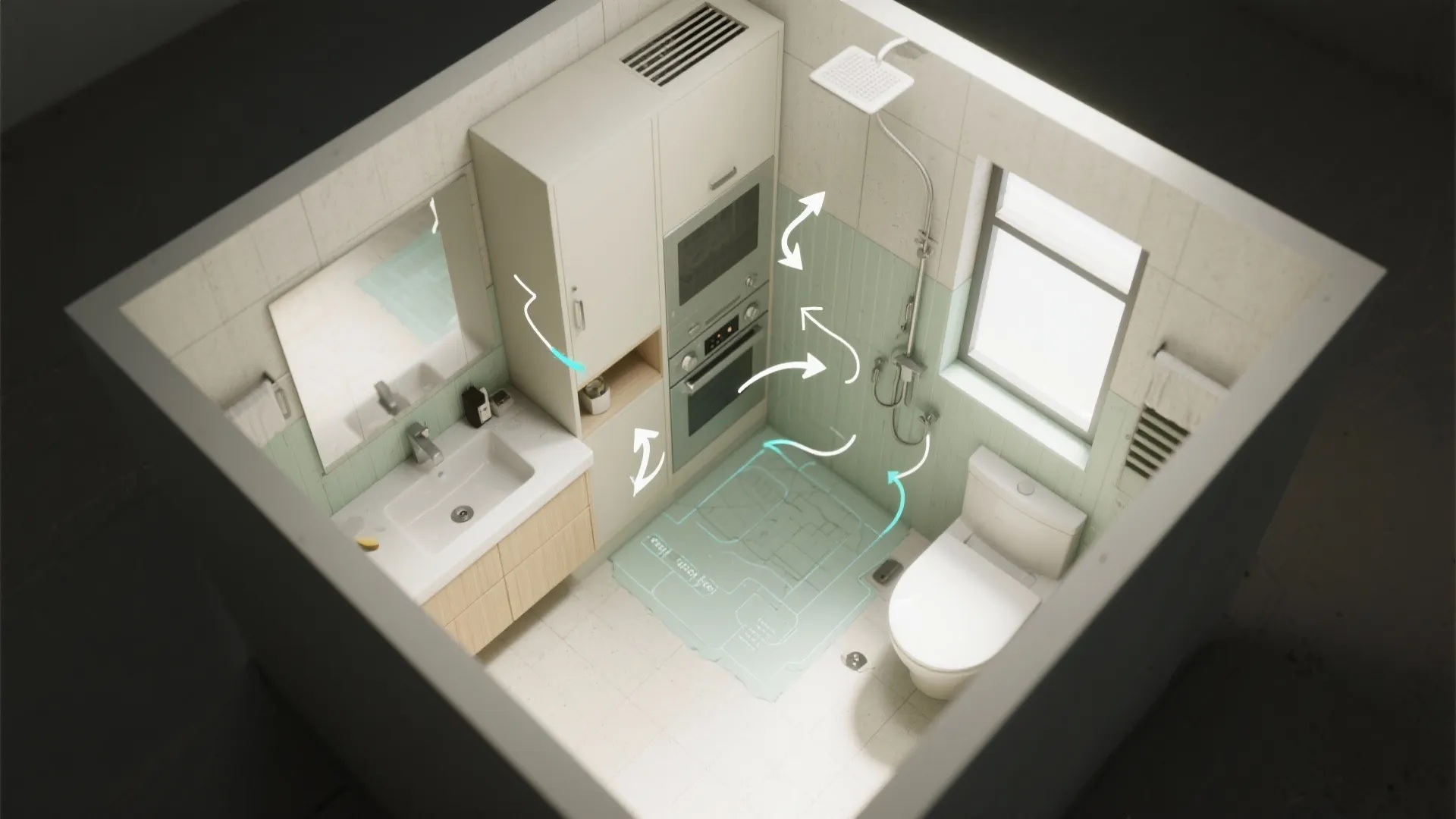 Top-down layout sketch showing airflow, raised vanity, and vented cabinet back to prevent moisture buildup.