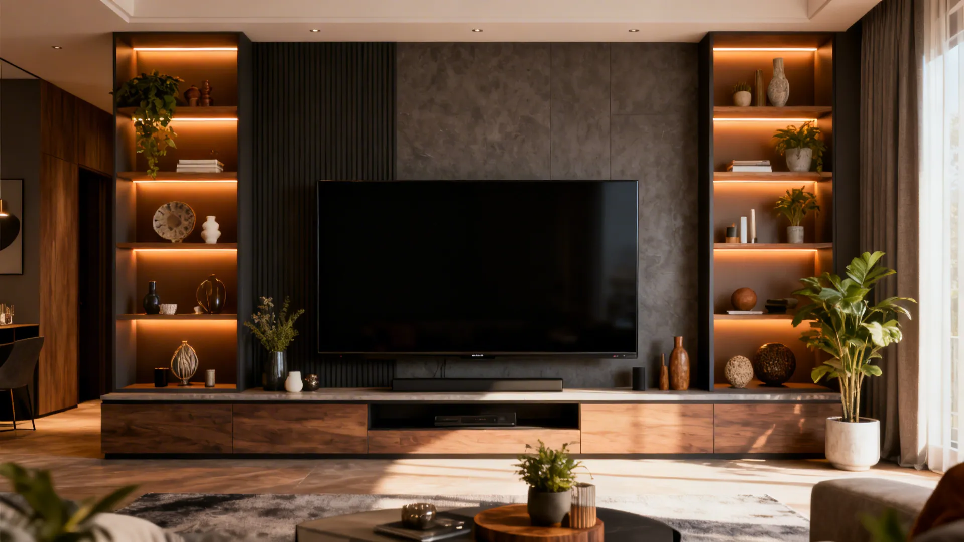 75-inch TV integrated into shelving with warm lighting and contrasting wall finish