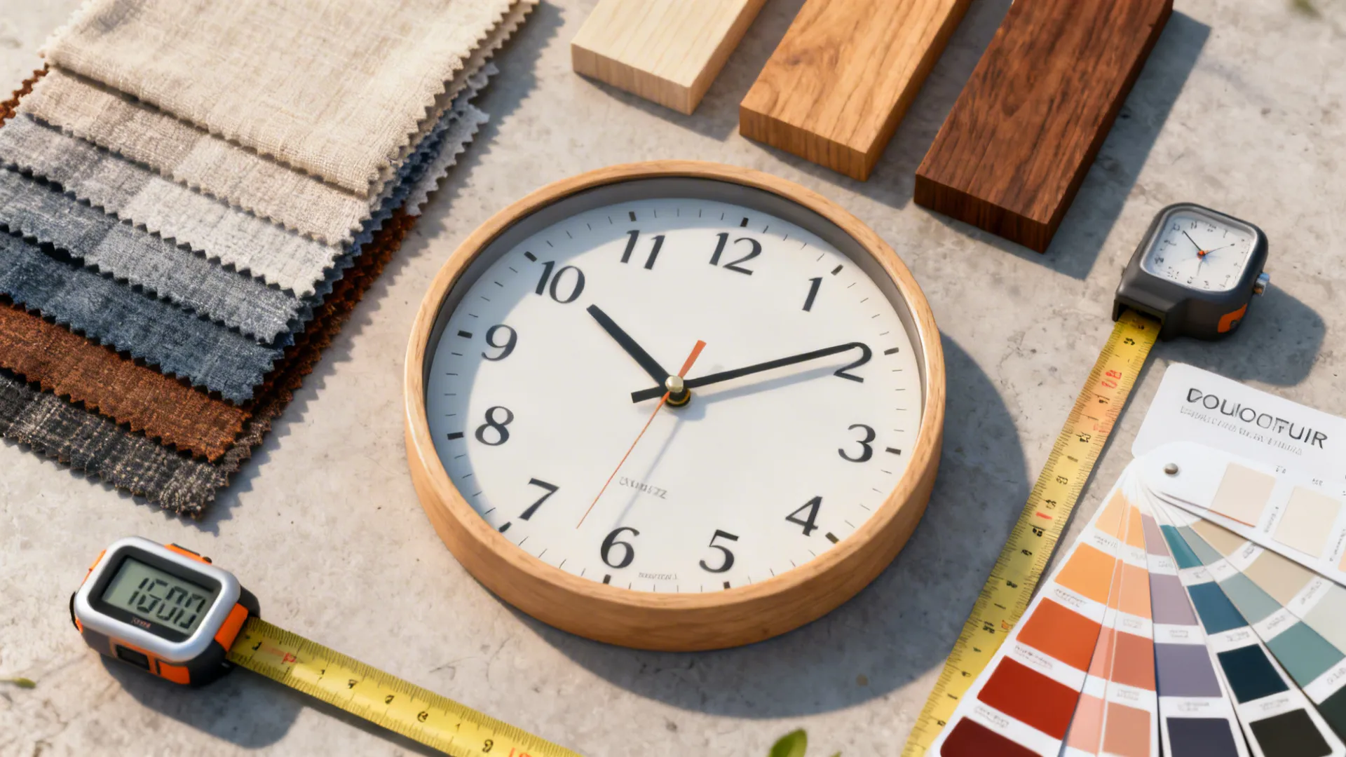 Flatlay of materials, swatches, and measuring tape for planning clock scale and budget.