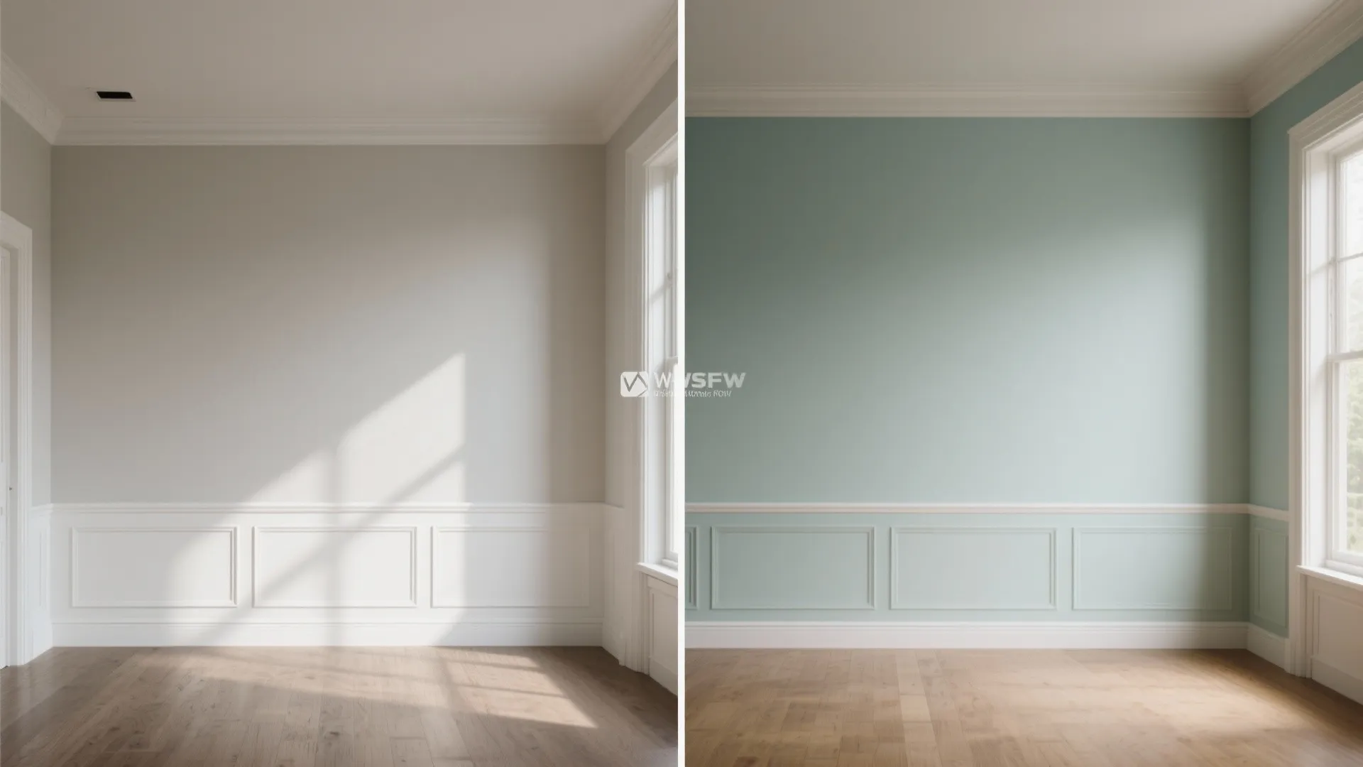 Before and after comparison of room showing white wall paneling versus green wall paneling design