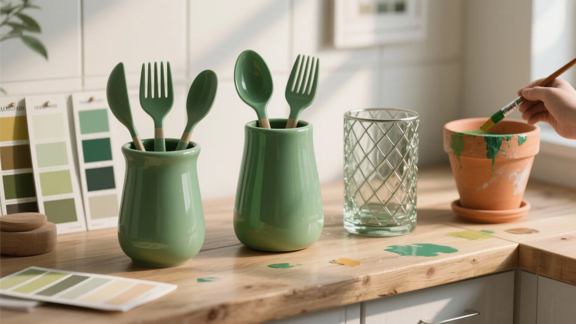 Green kitchen tools and paint swatches on wooden counter with hand painting a clay pot