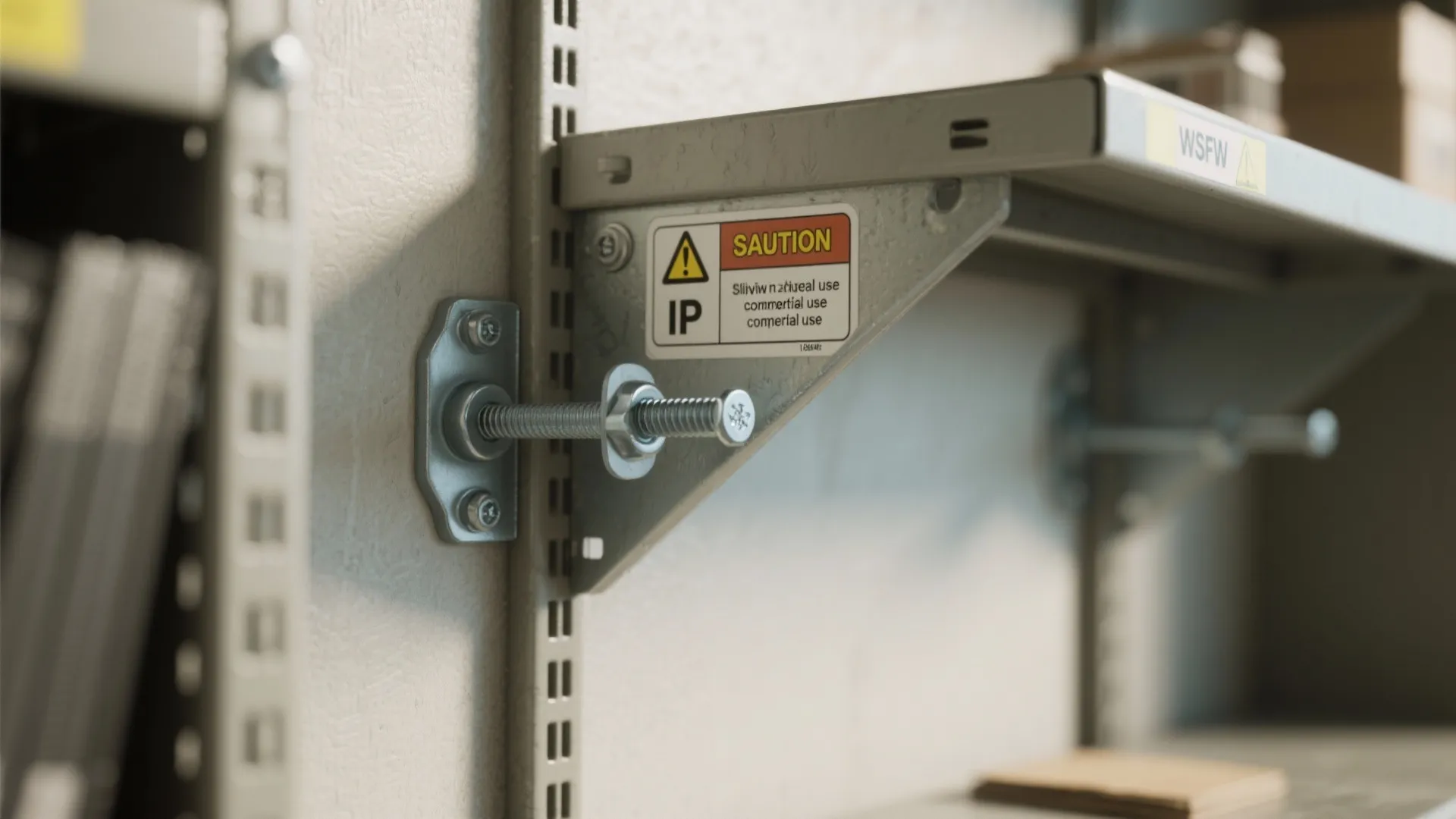 Close up of metal wall shelf bracket with caution sticker plus adjustable bolt and nut