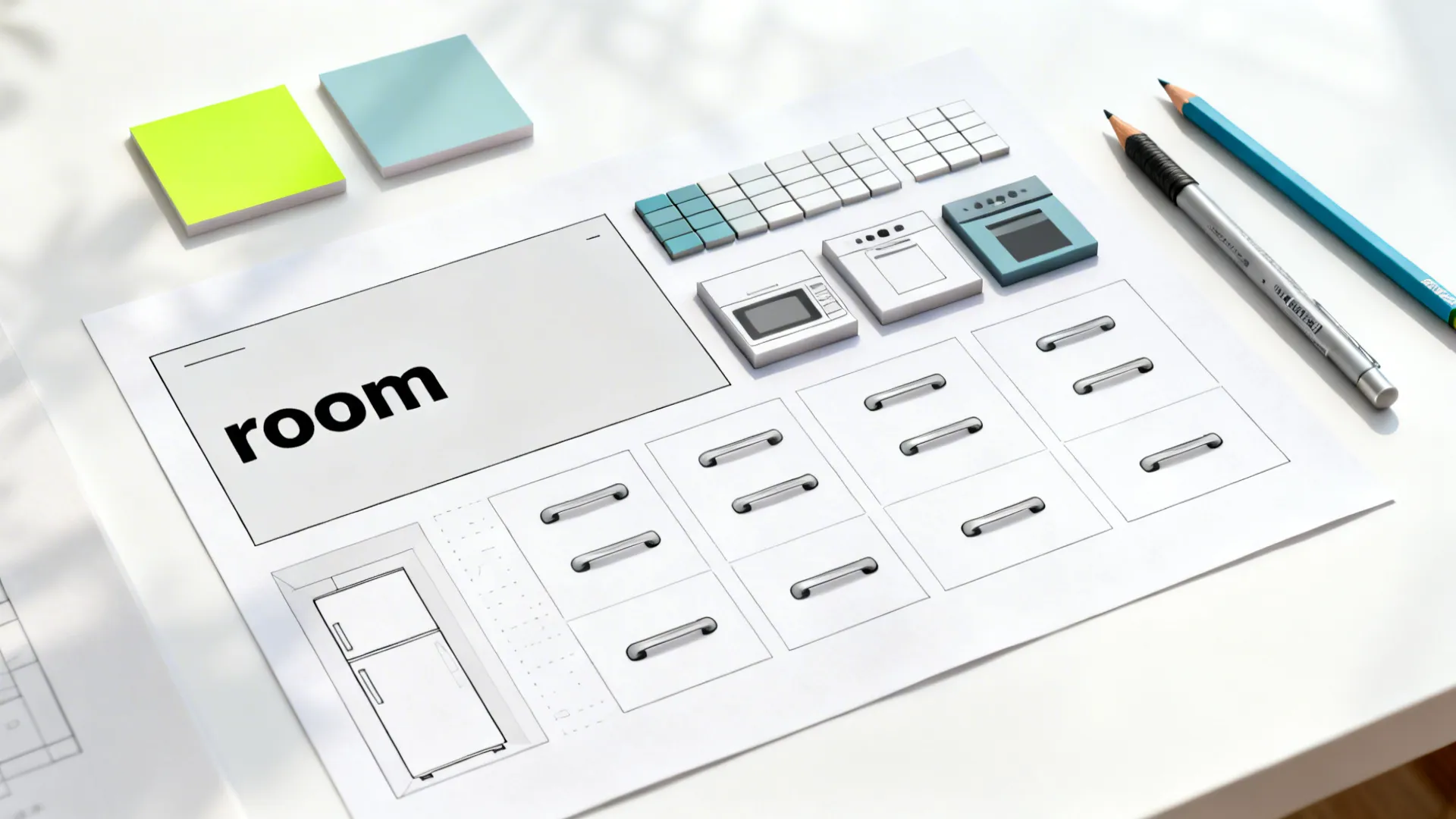 Flat lay of a mini cheatsheet showing room rectangle, appliance blocks, rhythm, and two-tone swatches.