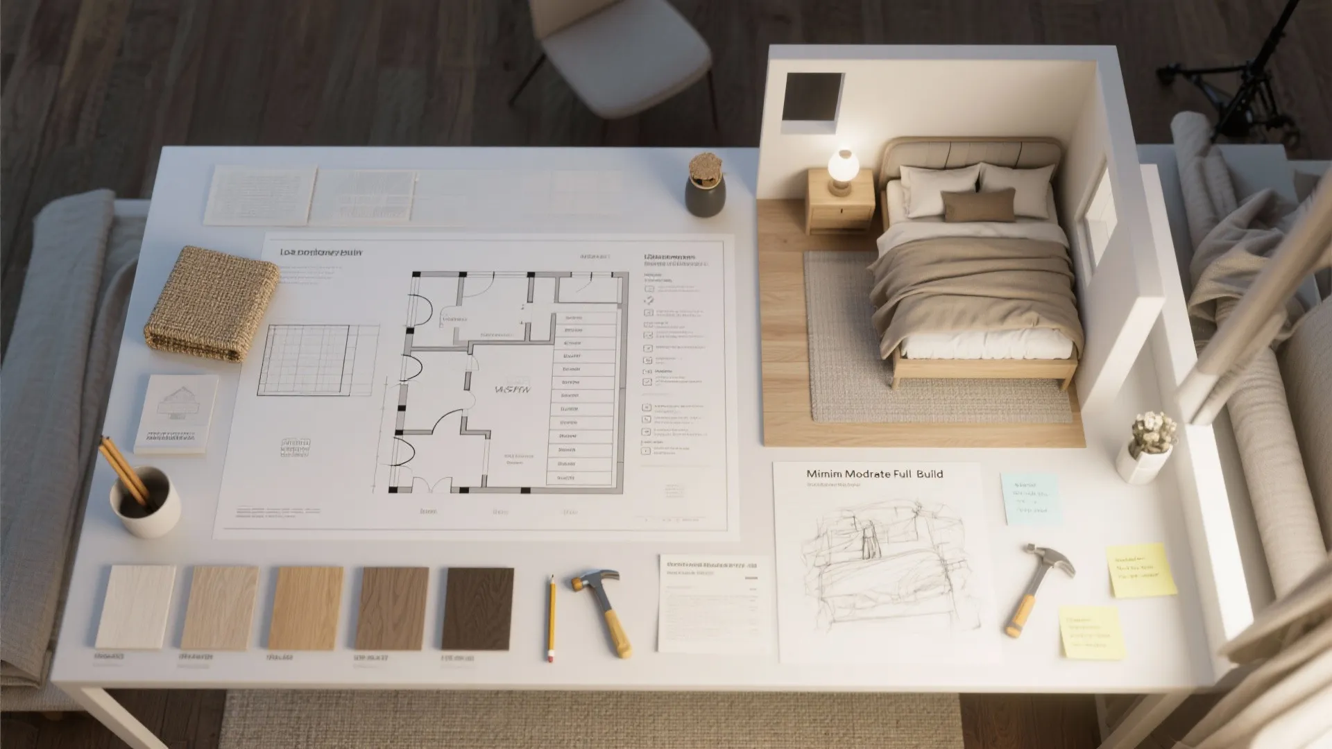 Interior design drawing on desk with 3D bedroom model wood samples tools and floor plan
