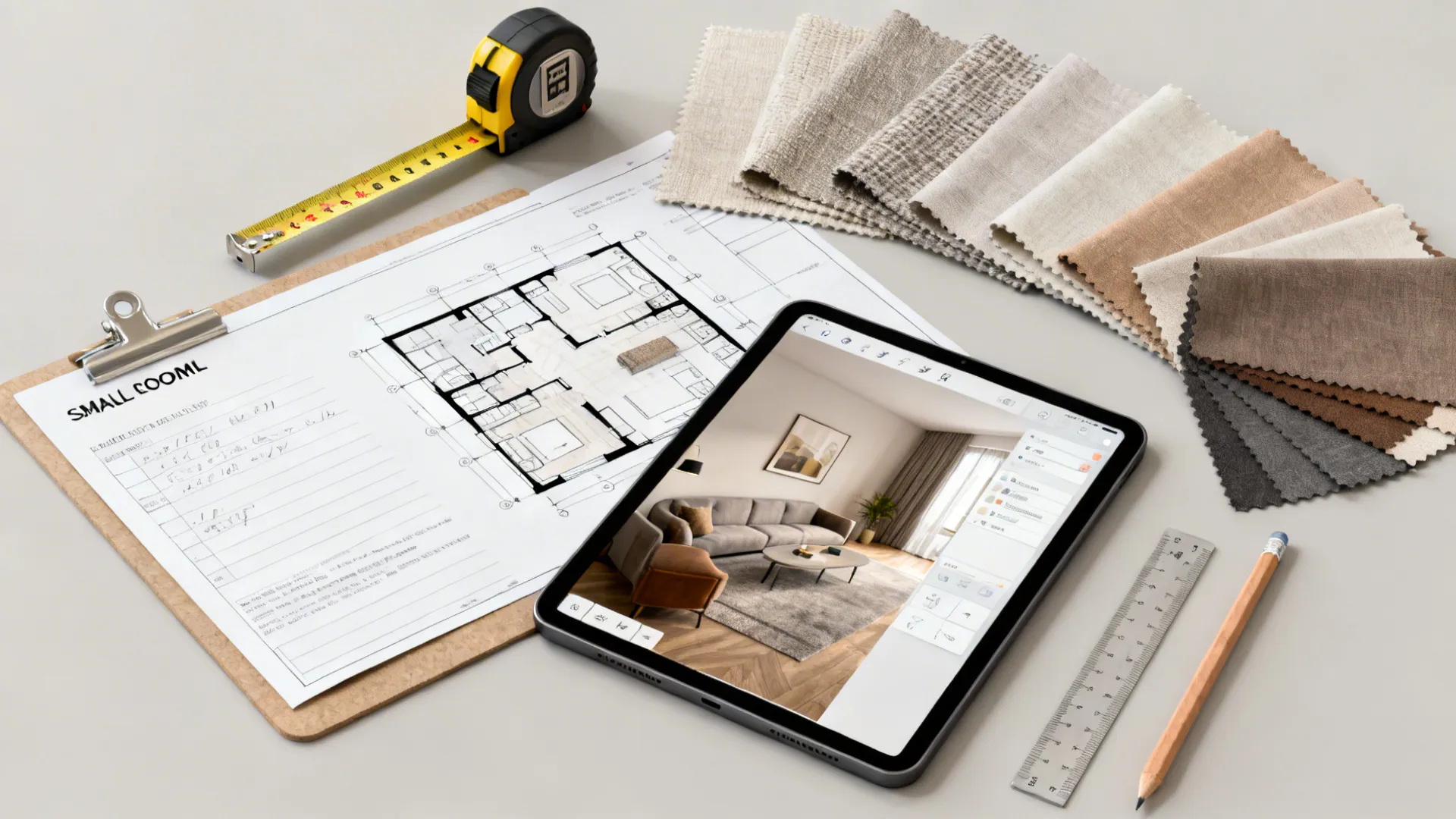 Designer flatlay with measuring tape, 3D floor plan on tablet, and fabric swatches for small-room planning.