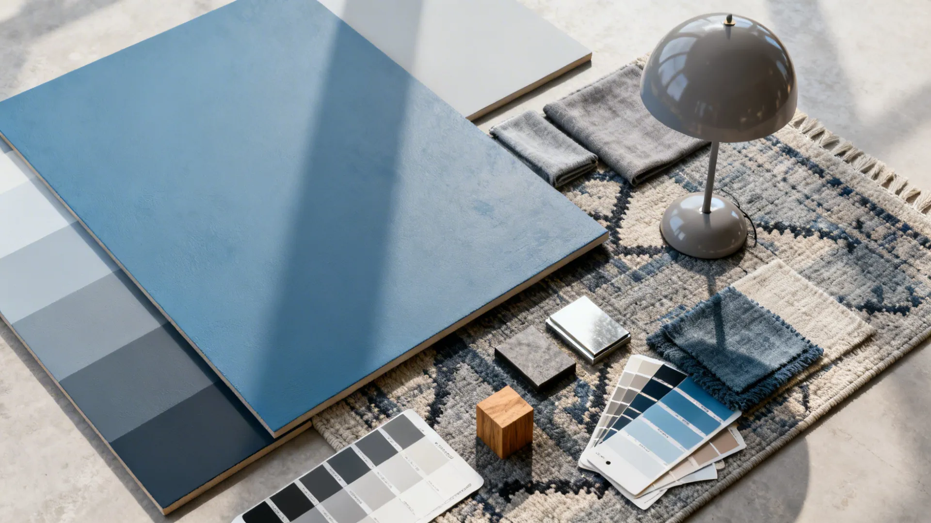 Top-down flatlay of paint boards, fabric swatches and material samples for blue-gray schemes