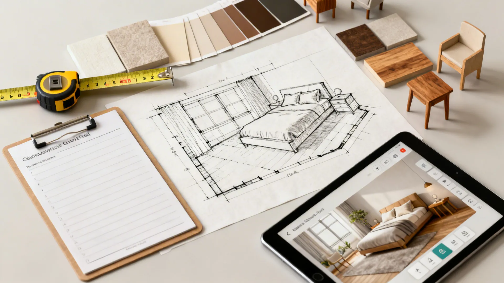 Flatlay of measuring tape, floor plan, color swatches and a room planner app for small bedroom design.