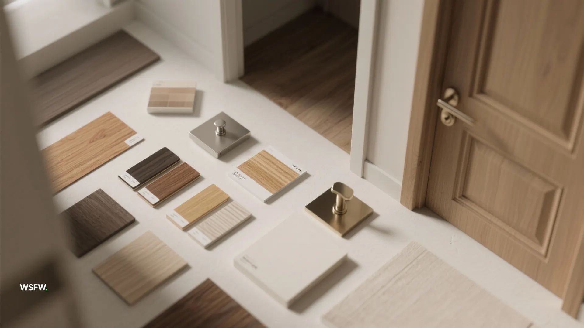 Flatlay of paint chips, wood veneer and hardware swatches to coordinate door finishes with small-room interiors.