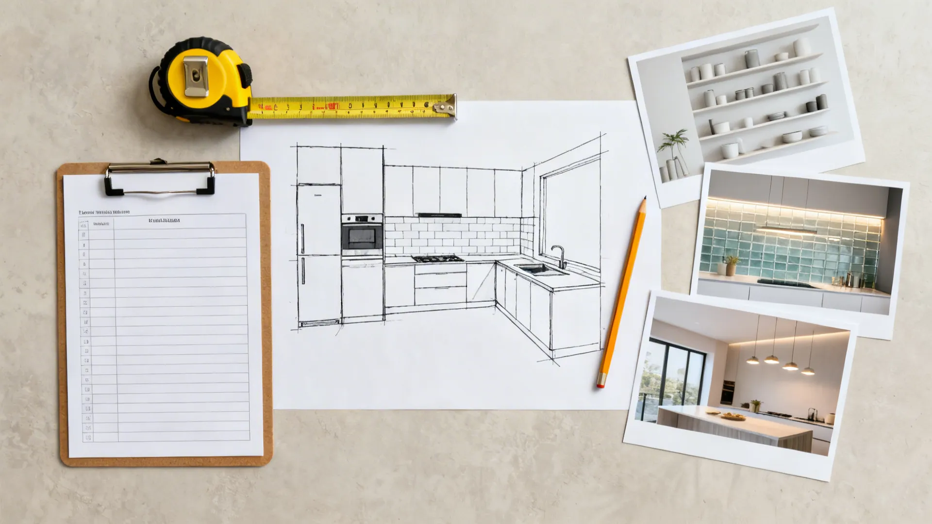 Top-down view of a small kitchen planning kit with an L-shaped sketch, tape measure, appliance list, and inspiration photos.