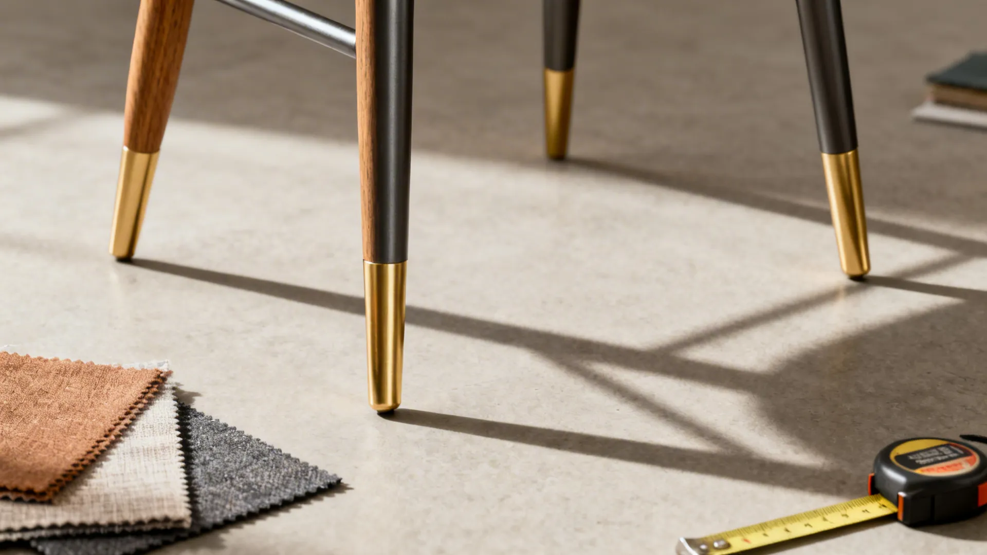 Close-up of chair leg styles, slim arms, fabric swatches and a measuring tape for scale.