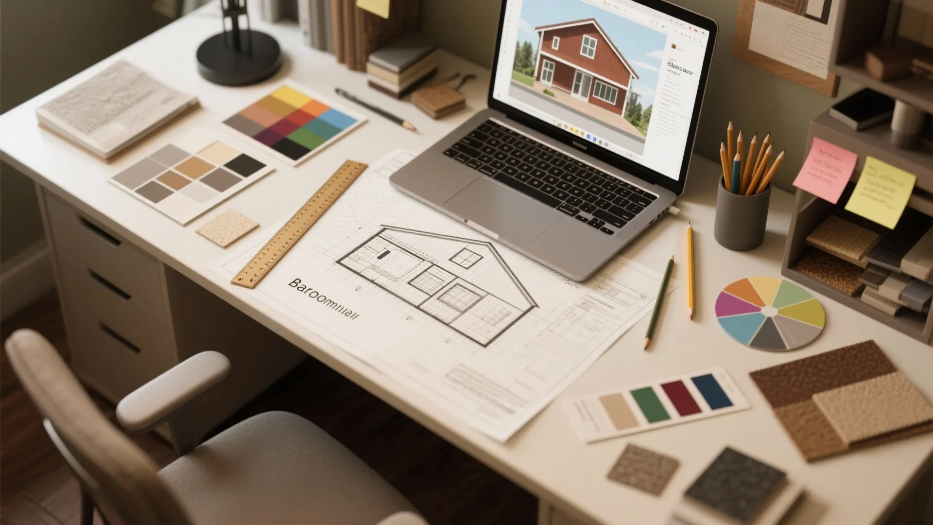 Designer desk with barndominium plans, 3D planner on laptop and material samples